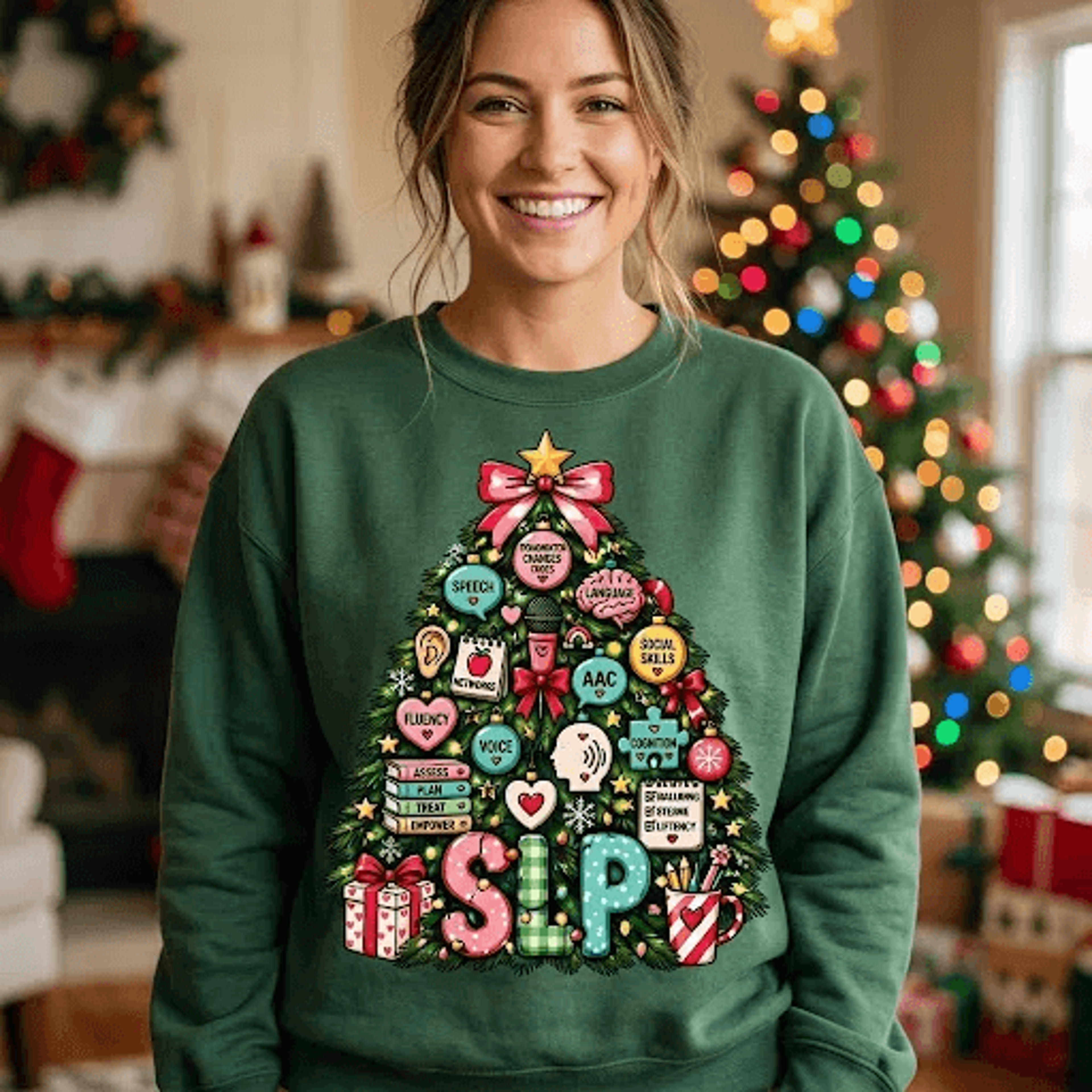 speech language pathologist christmas sweatshirt, slp christmas tree crewneck, speech therapist holiday shirt, slp gift