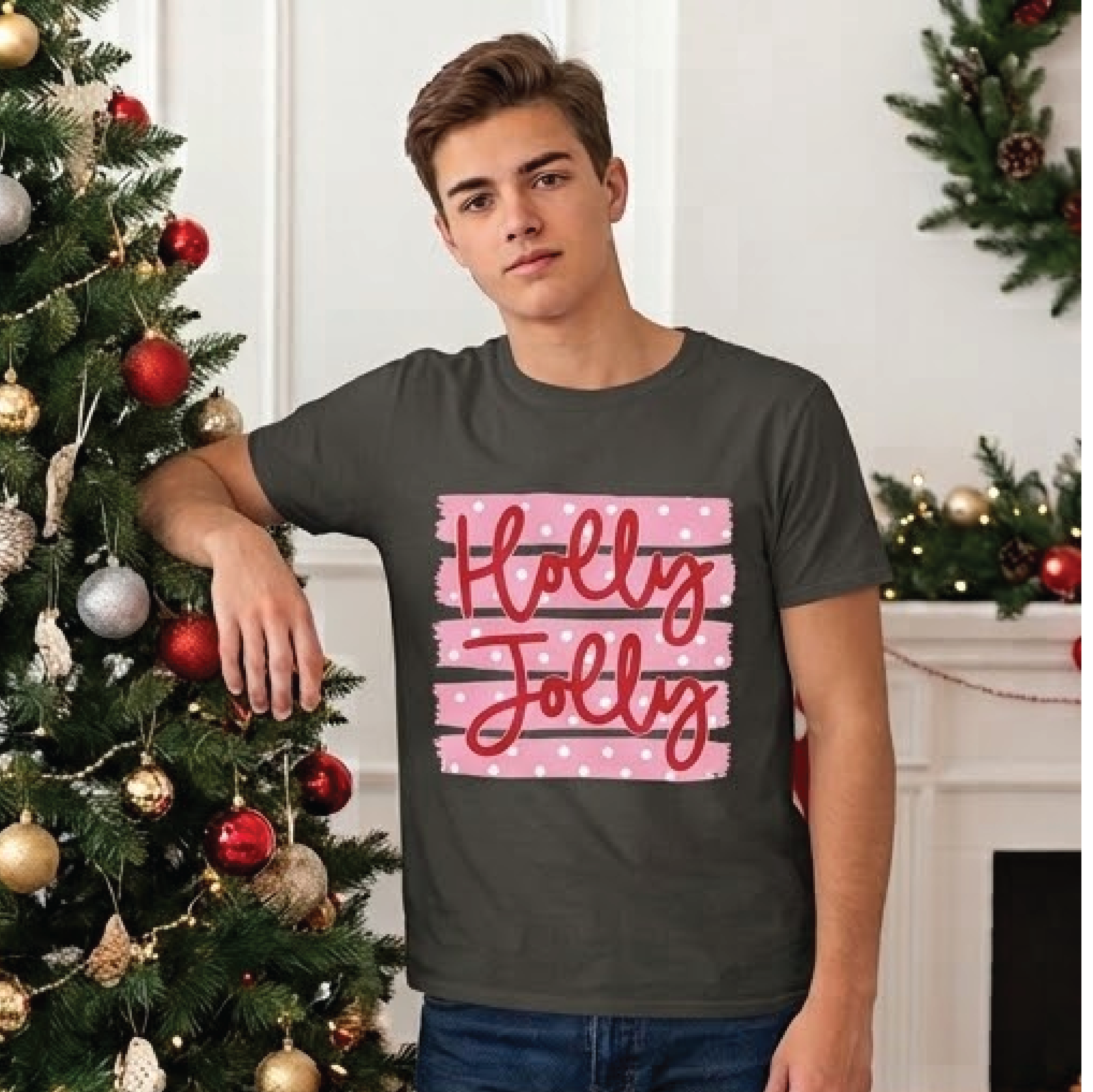 holly jolly christmas shirt, youth holiday t-shirt, pink polka dot xmas tee, festive christmas top, cute holiday gift