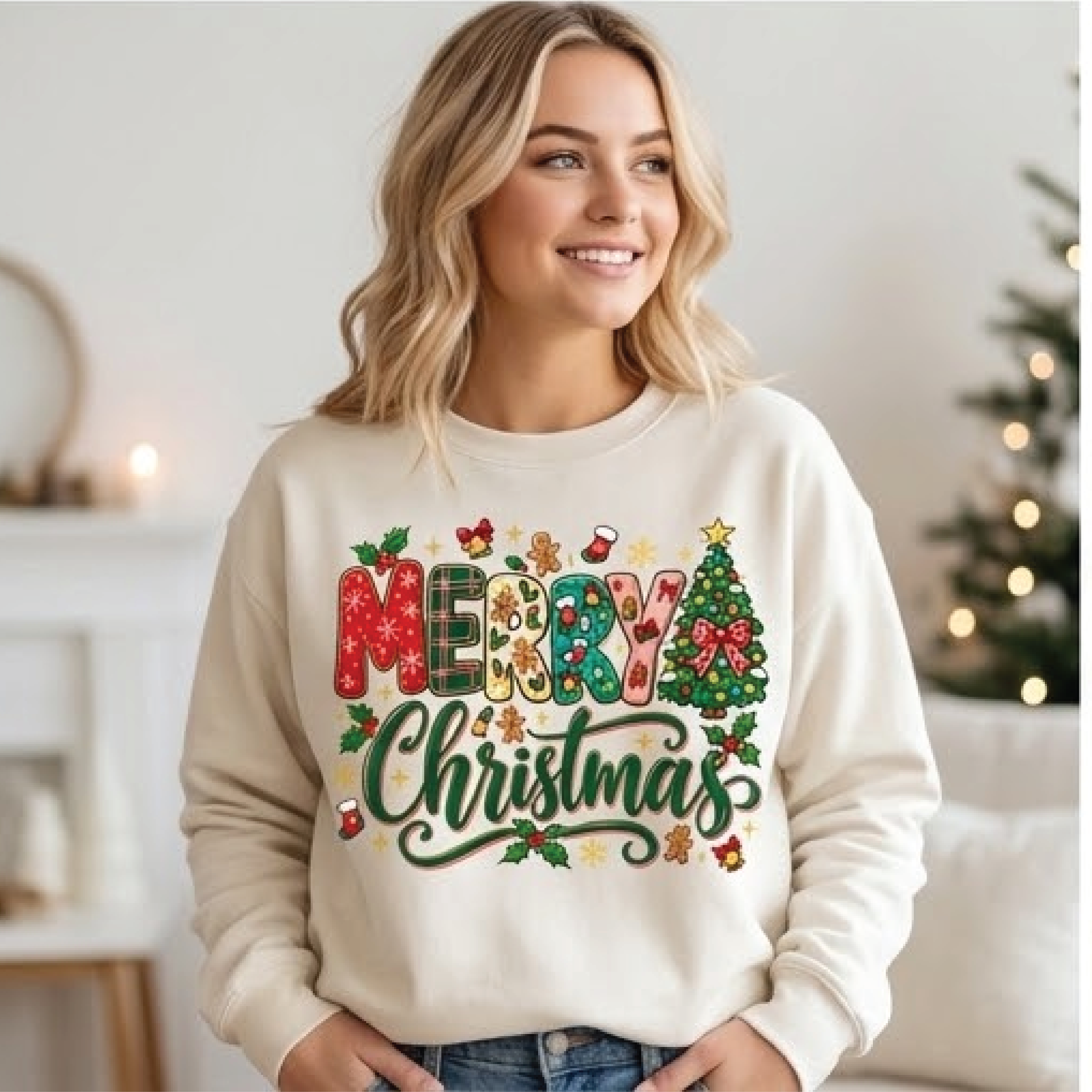 merry christmas sweatshirt, festive holiday crewneck, colorful xmas tree sweater, retro christmas shirt, cozy holiday