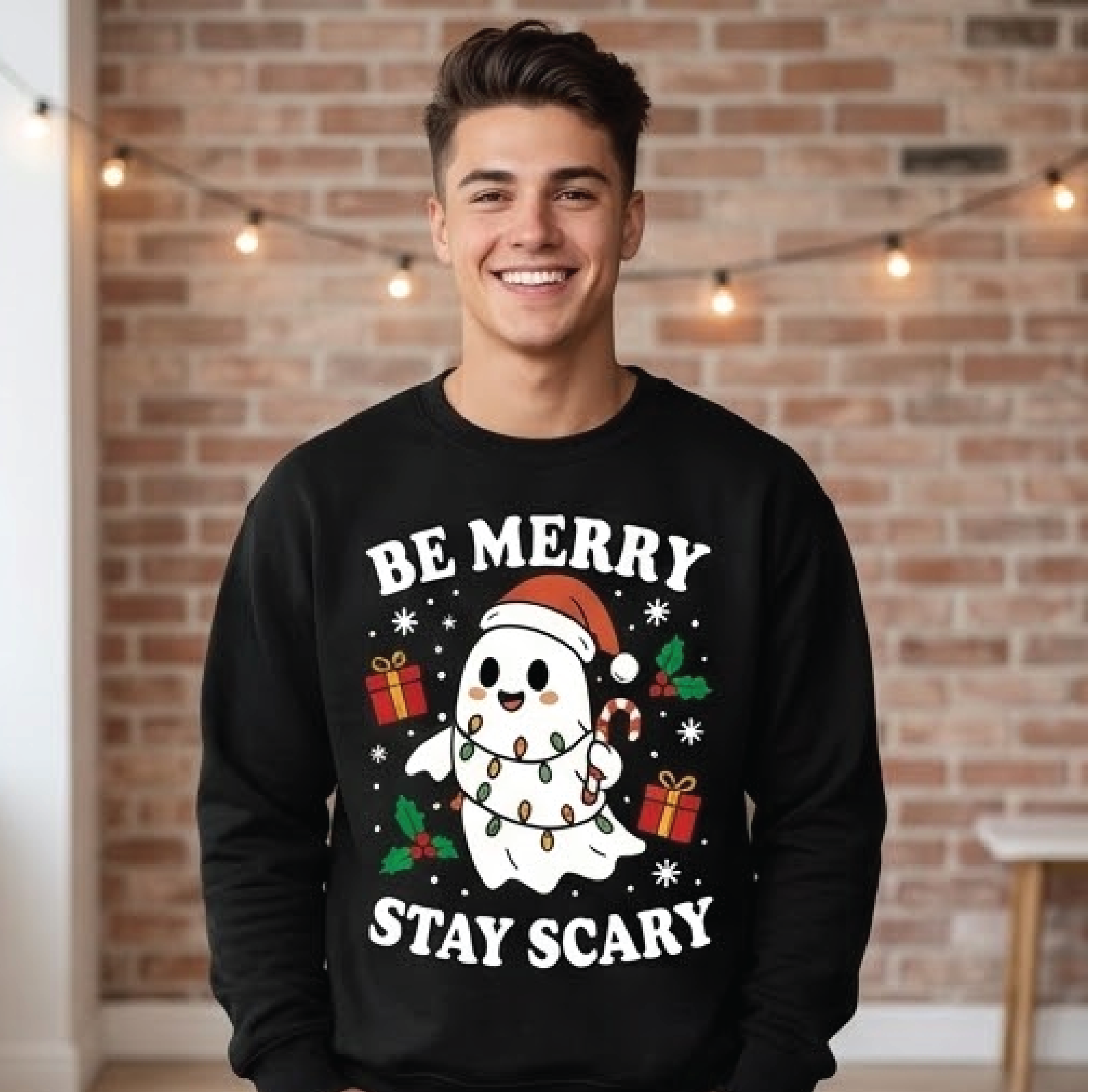 be merry stay scary christmas sweatshirt, cute ghost xmas crewneck, funny holiday sweater, spooky christmas gift
