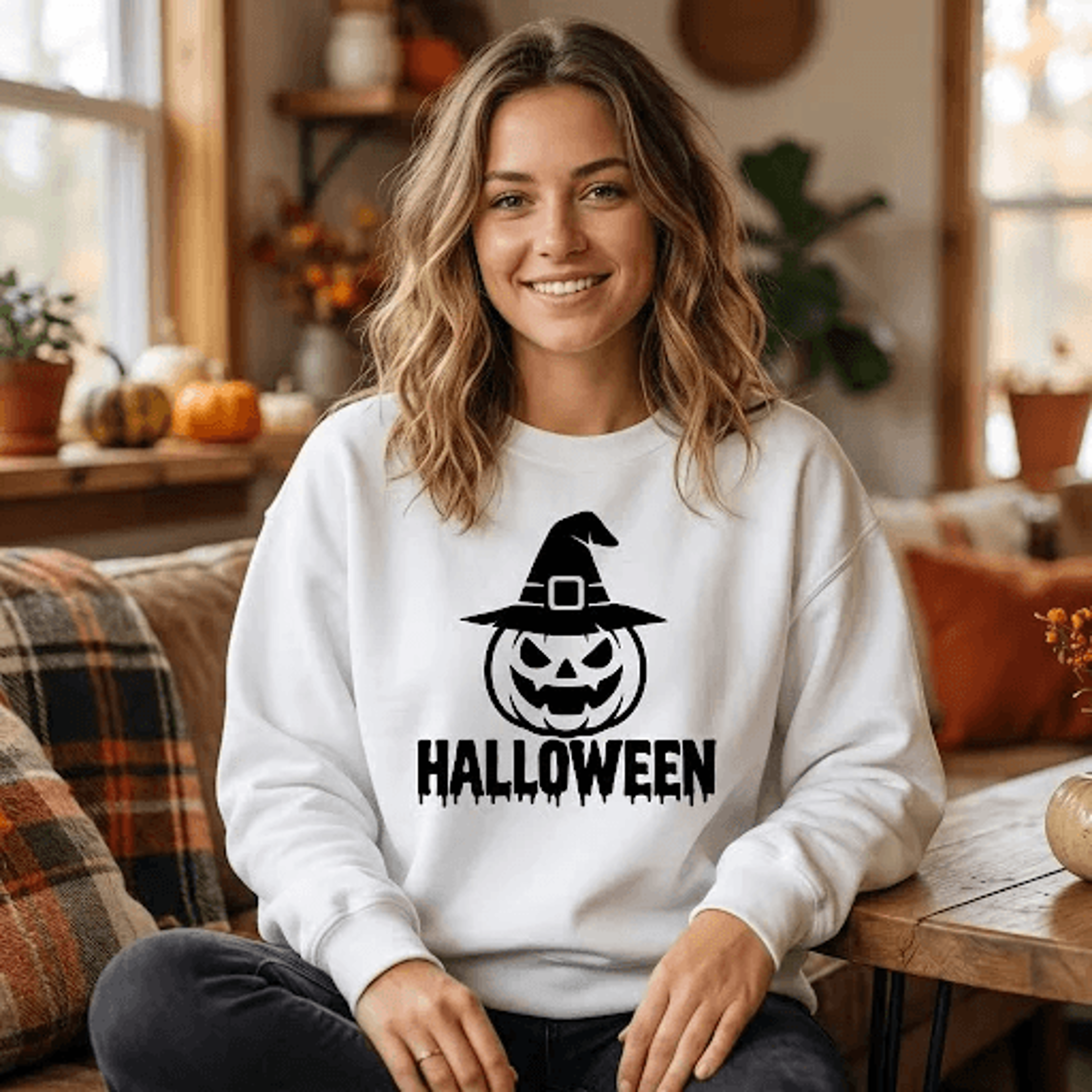 halloween pumpkin sweatshirt, witch hat jack o lantern crewneck, spooky season sweater, cute halloween gift, fall outfit