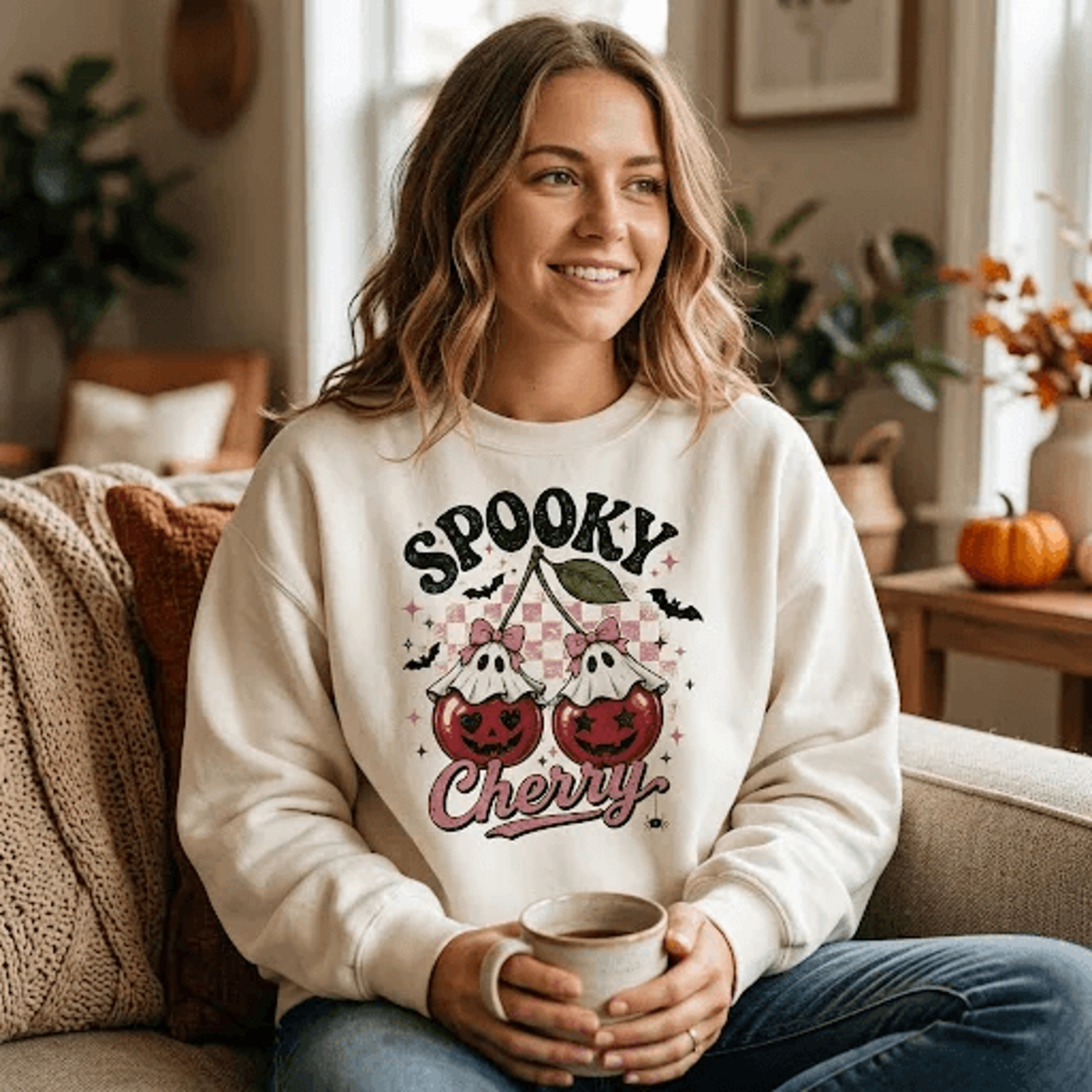 spooky cherry halloween sweatshirt, cute ghost cherry crewneck, coquette pumpkin sweater, retro halloween gift, fall out