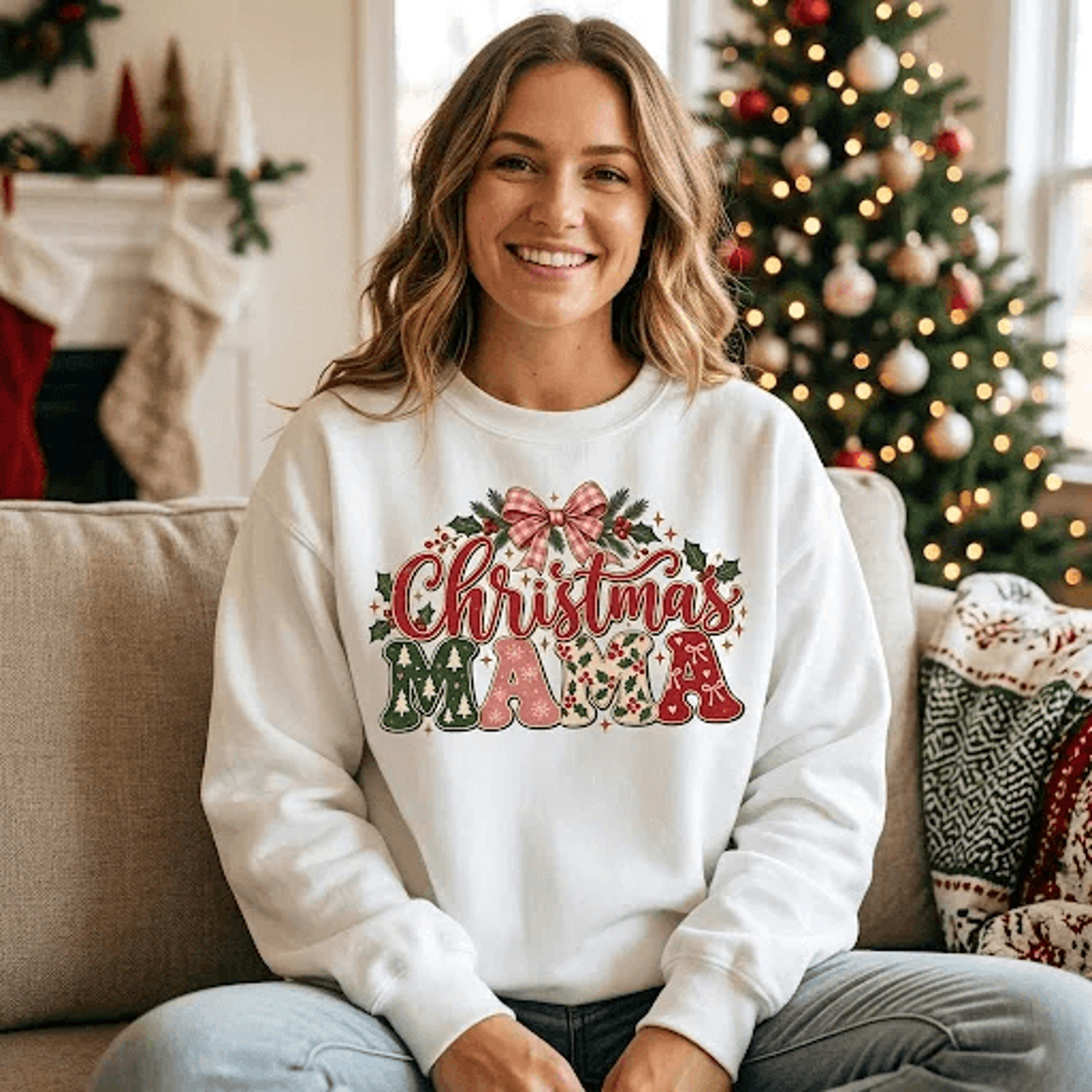 christmas mama sweatshirt, coquette bow holiday crewneck, retro christmas mom sweater, festive mama gift, xmas outfit
