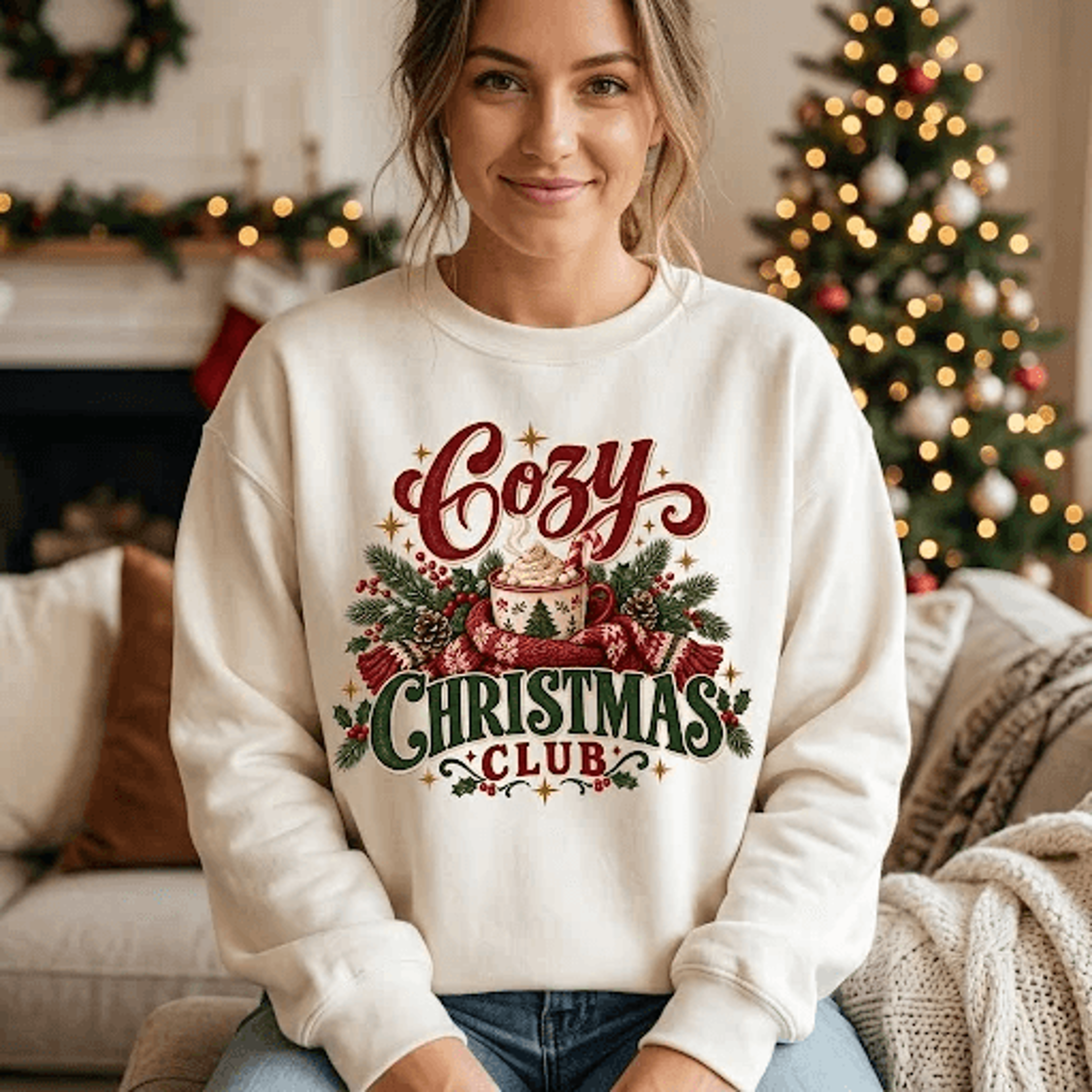 cozy christmas club sweatshirt, vintage holiday crewneck, hot cocoa christmas sweater, retro festive winter gift