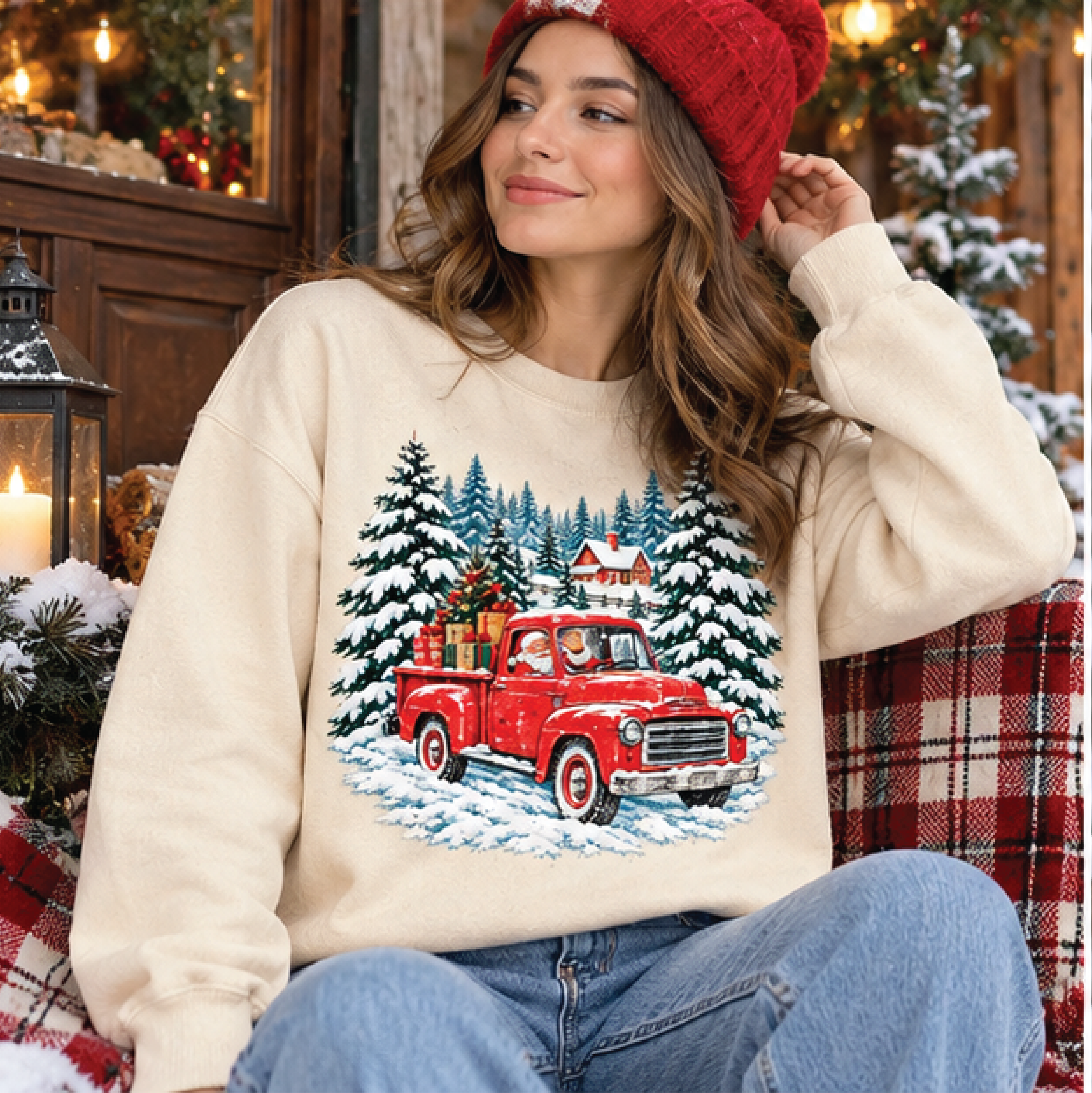 vintage red truck christmas sweatshirt, santa holiday crewneck, snowy pine forest winter graphic pullover, cozy xmas