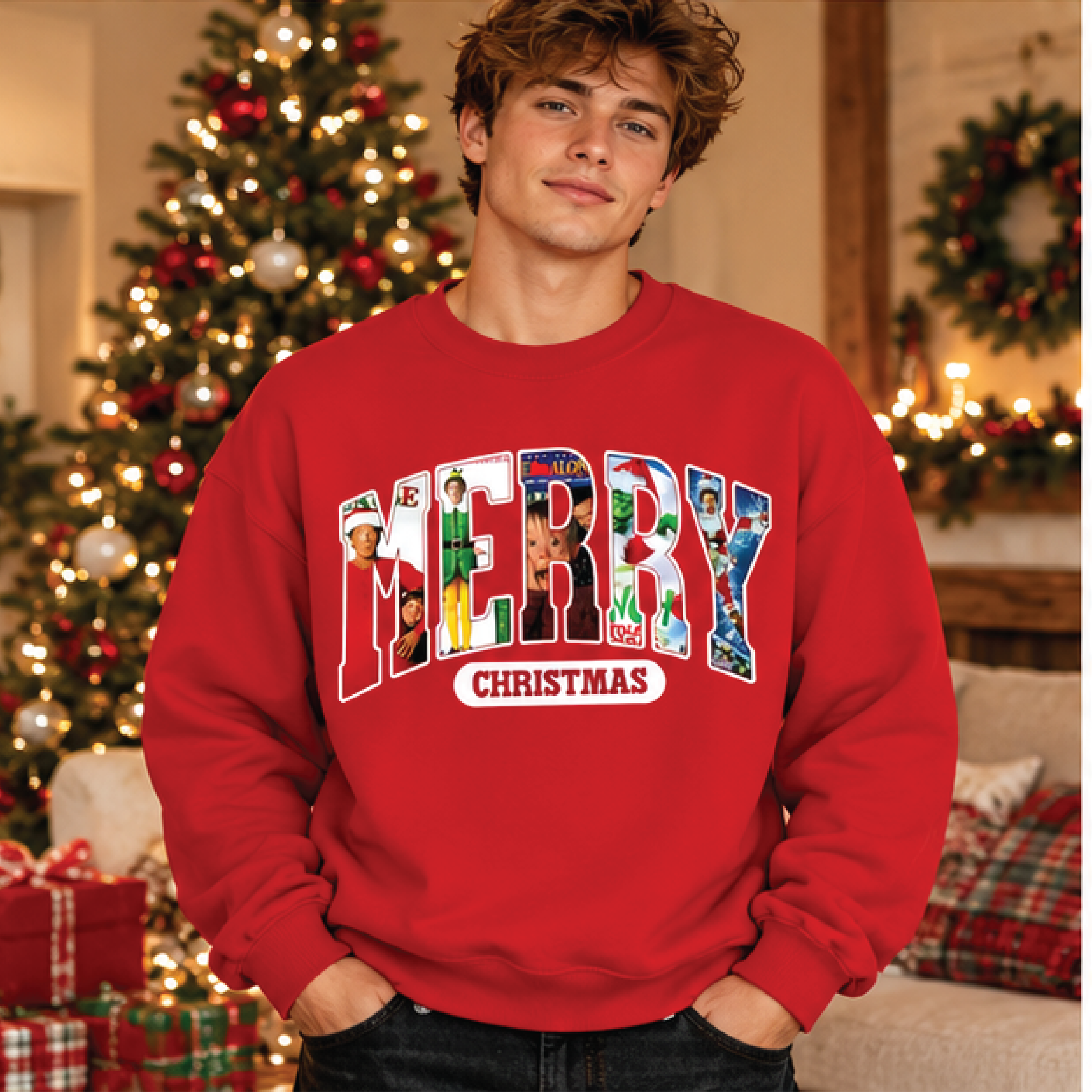 merry christmas movie collage sweatshirt, retro holiday film inspired crewneck, festive christmas graphic pullover gift
