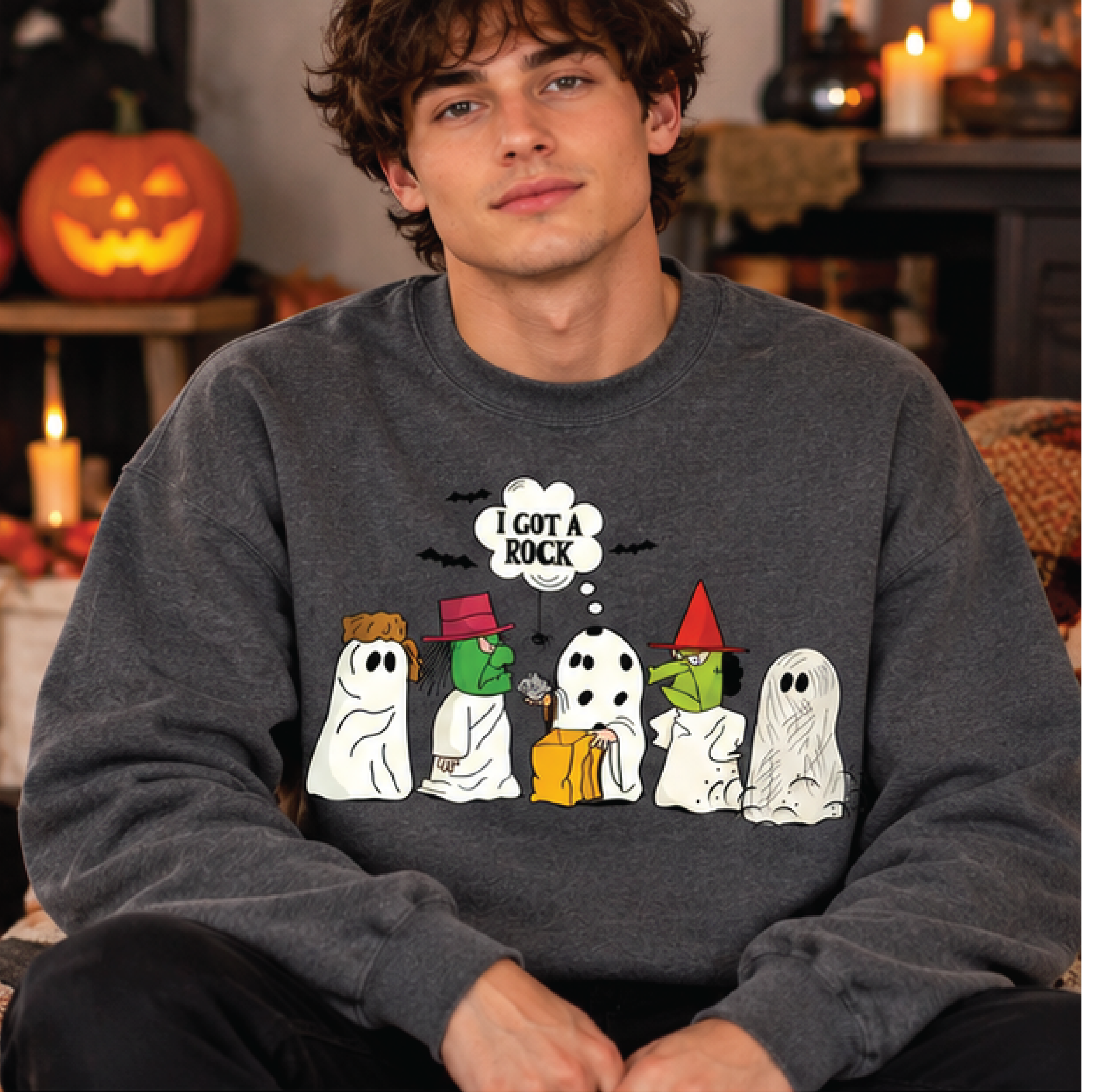 i got a rock halloween sweatshirt, funny ghost costume crewneck, retro cartoon halloween graphic pullover, spooky fall