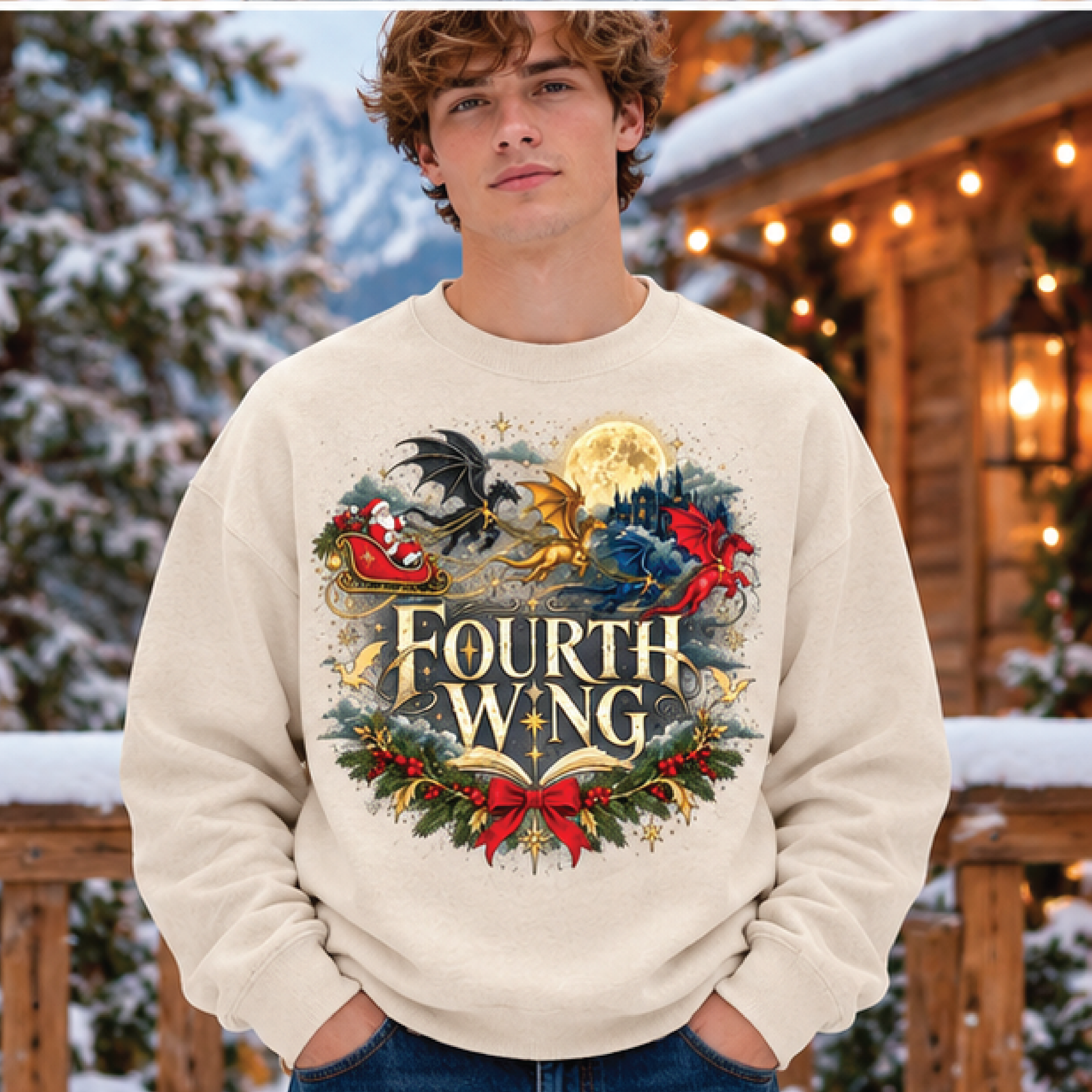 fourth wing christmas sweatshirt, fantasy dragon bookish holiday crewneck, romantasy reader gift, winter reading pullove