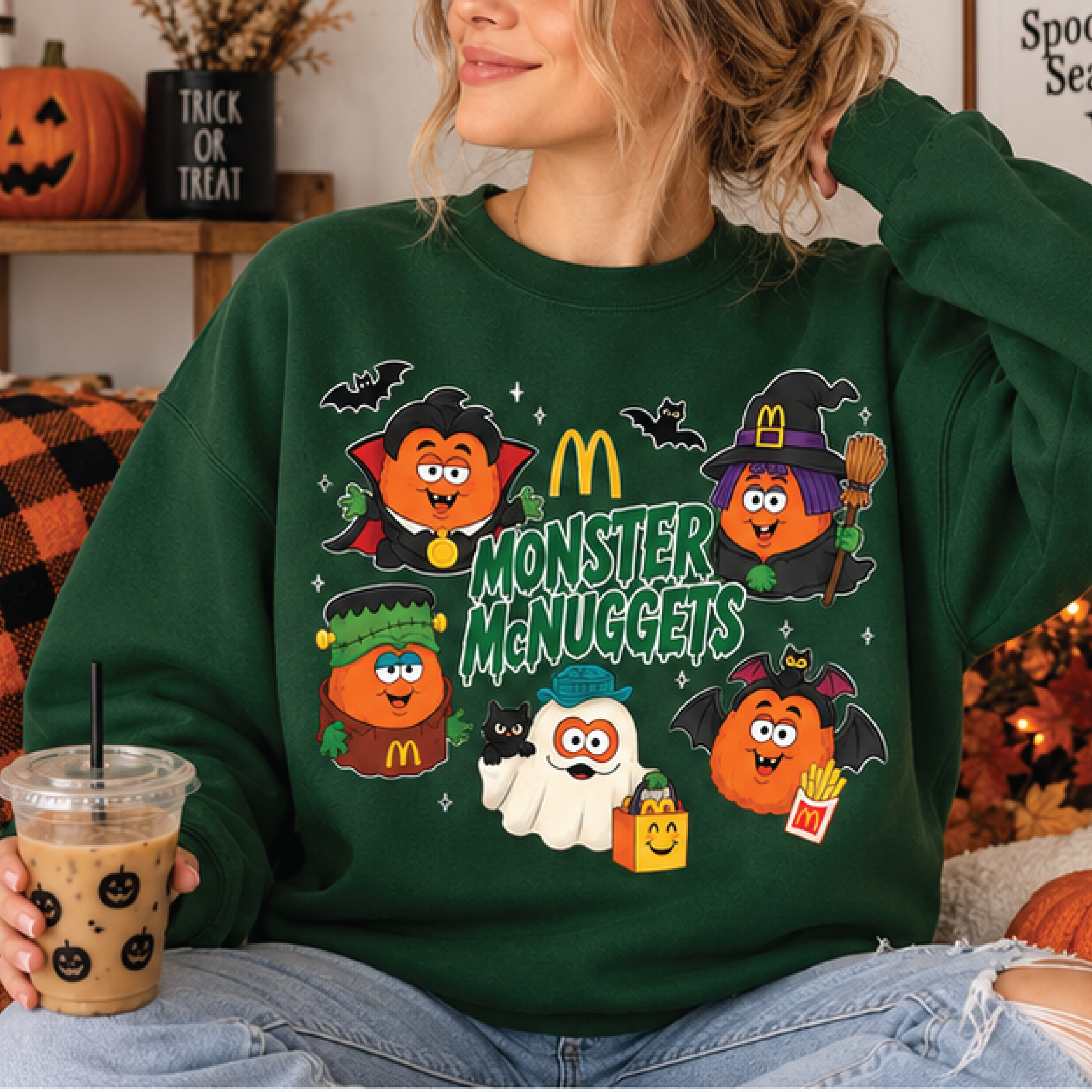 monster mcnuggets halloween sweatshirt, retro mcdonalds inspired halloween crewneck, spooky fast food graphic pullover