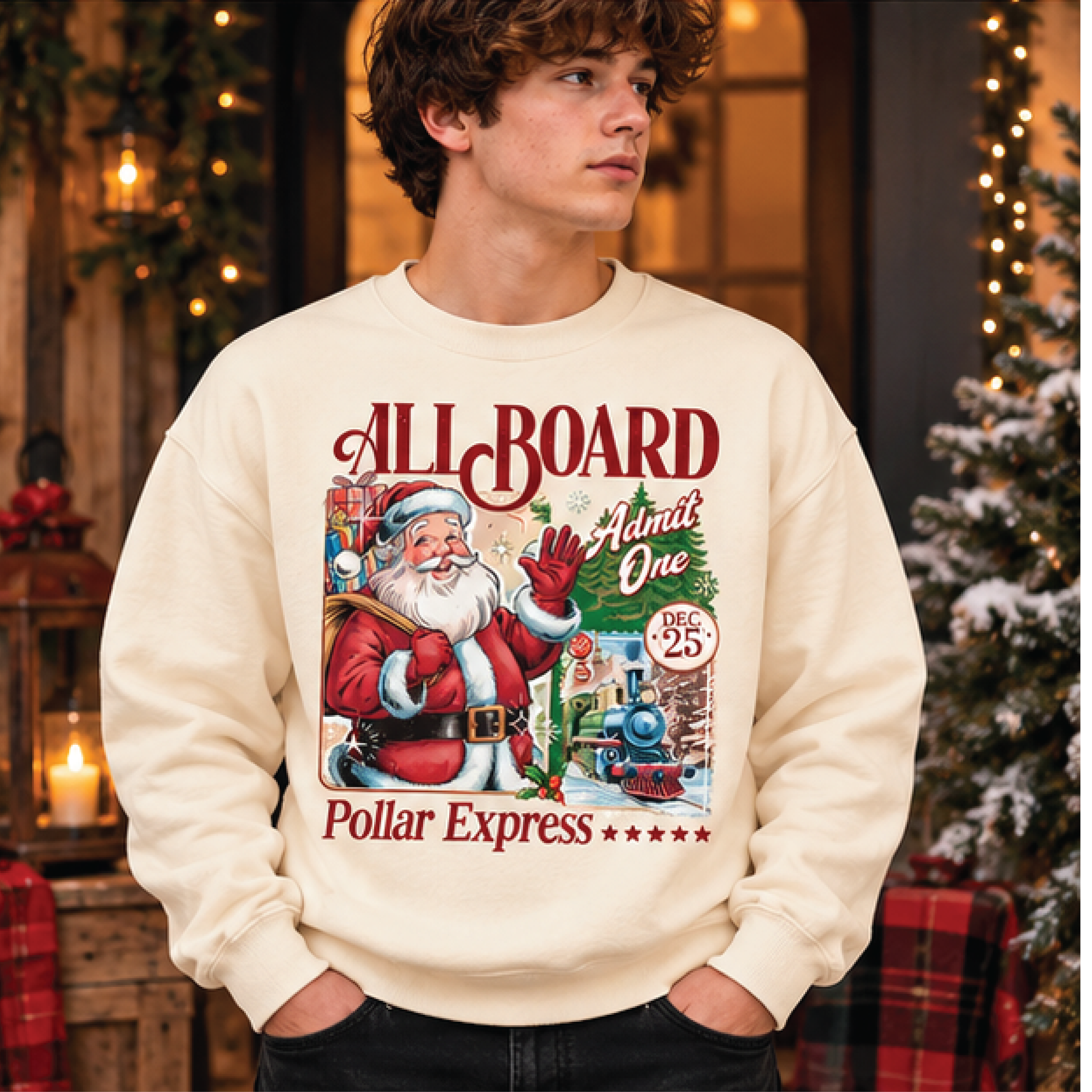 all aboard admit one polar express christmas sweatshirt, vintage santa train graphic crewneck, cozy holiday pullover