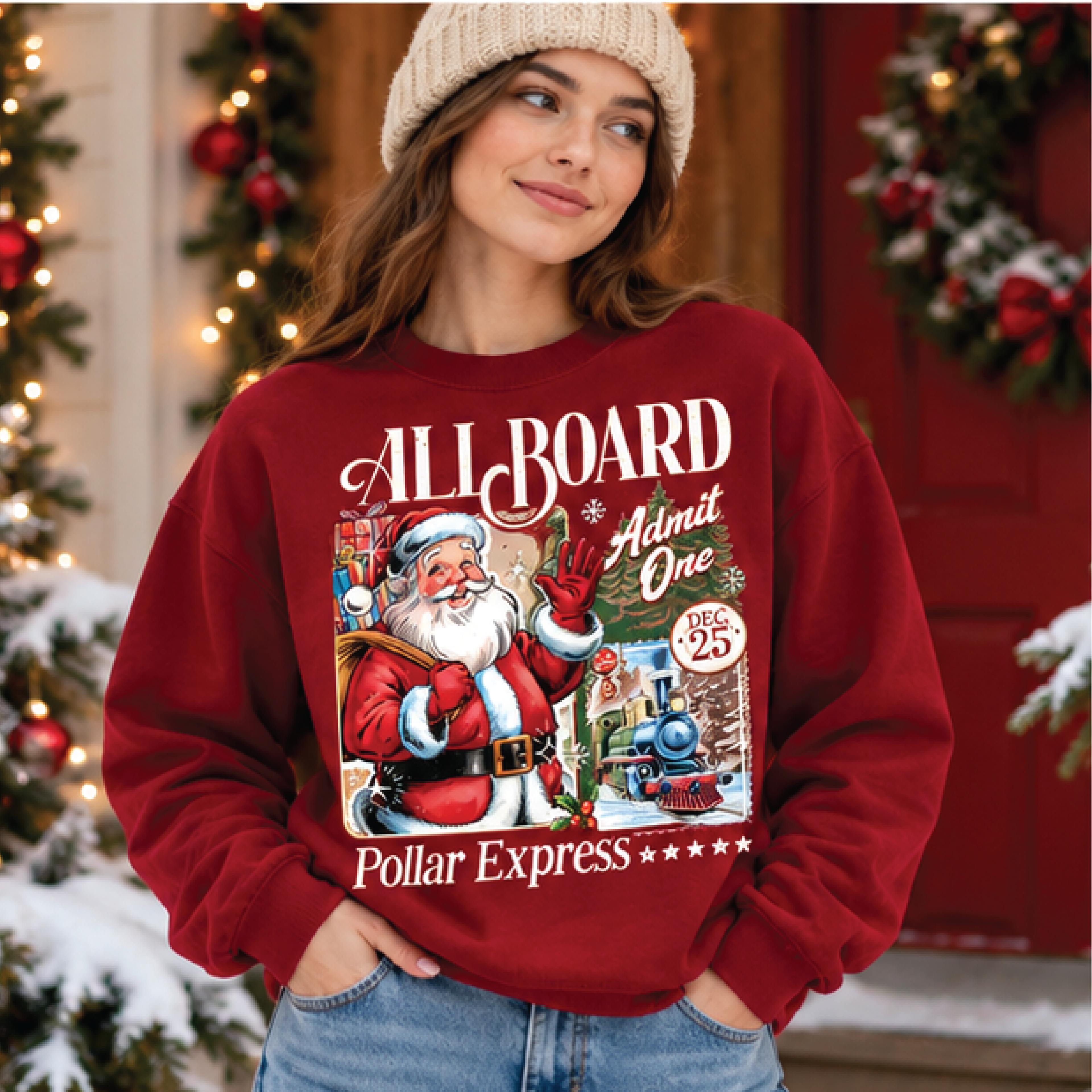 polar express christmas sweatshirt, all aboard santa train crewneck, vintage christmas graphic pullover, cozy holiday