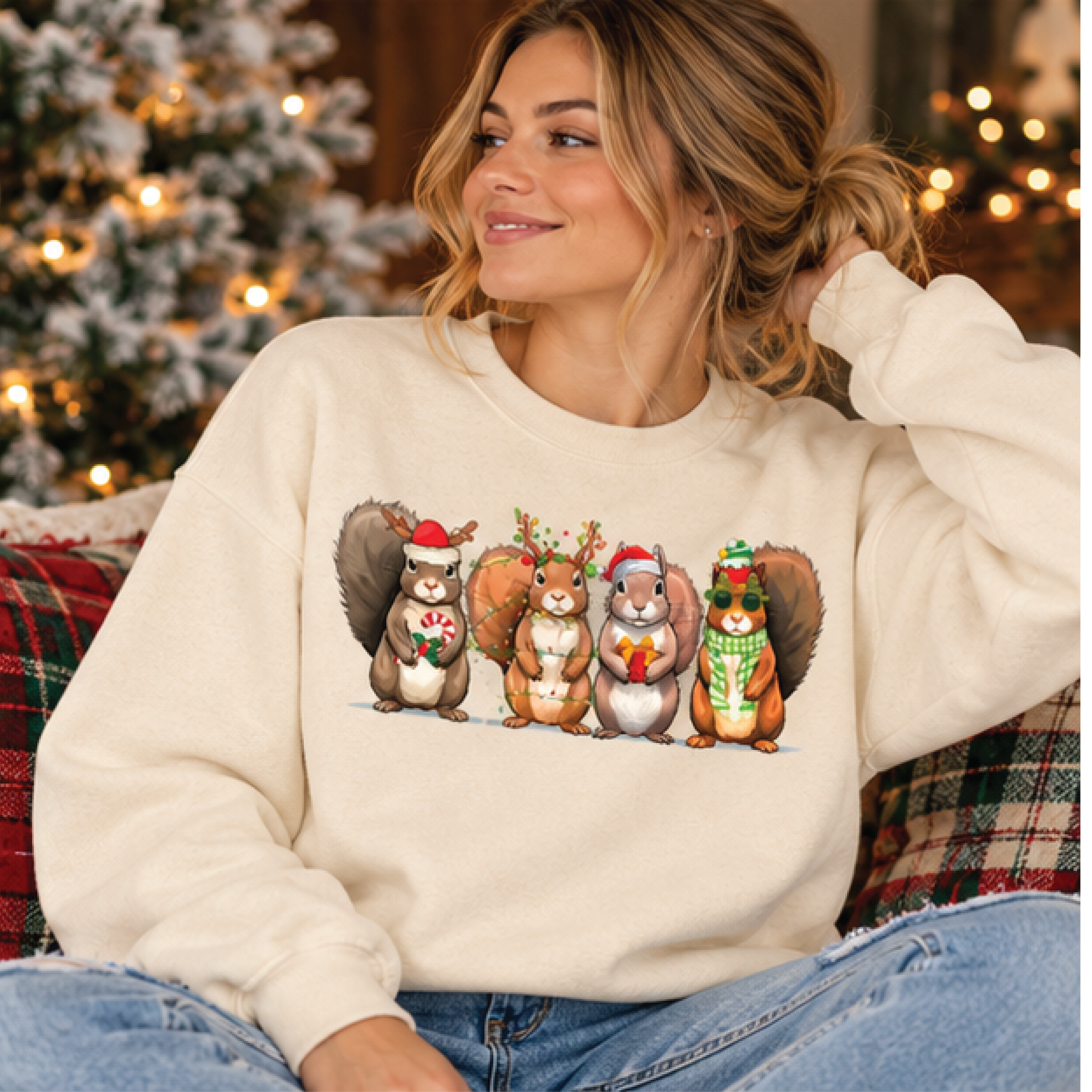 christmas squirrel sweatshirt, cute festive woodland animals crewneck, funny holiday squirrel graphic pullover, cozy