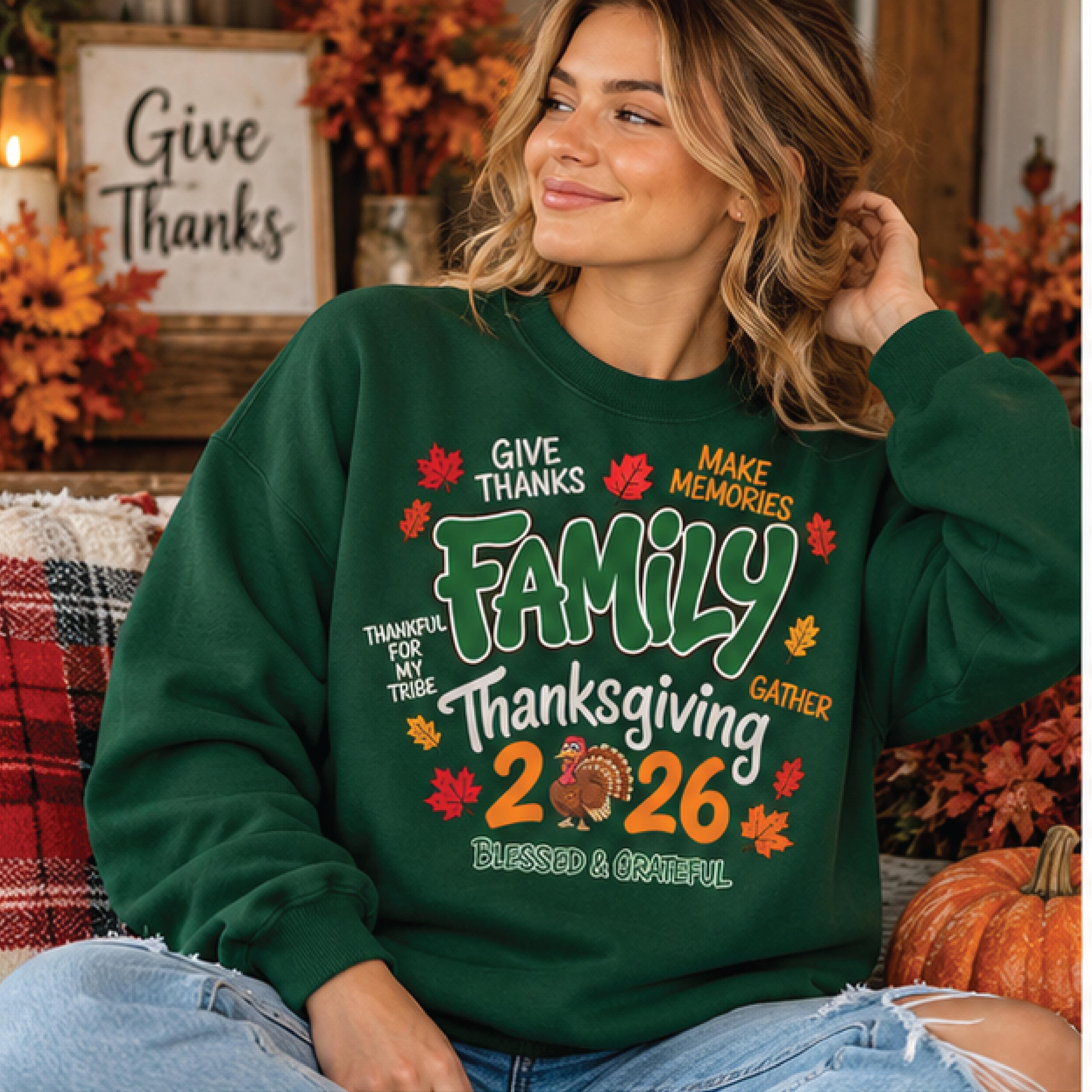 family thanksgiving 2026 sweatshirt, give thanks make memories crewneck, fall turkey graphic pullover, grateful family g