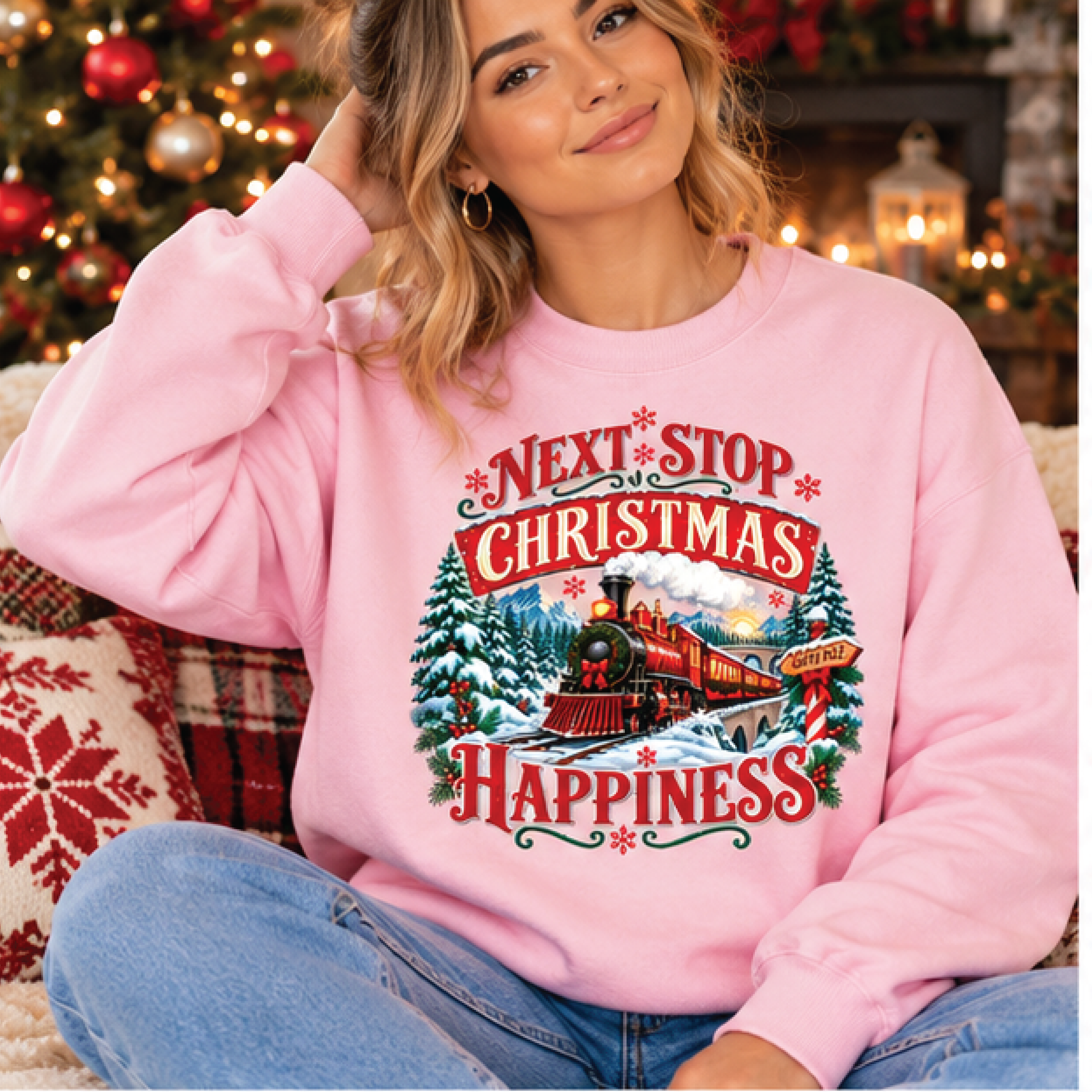 next stop christmas happiness sweatshirt, vintage christmas train crewneck, holiday express pullover, cozy winter gift