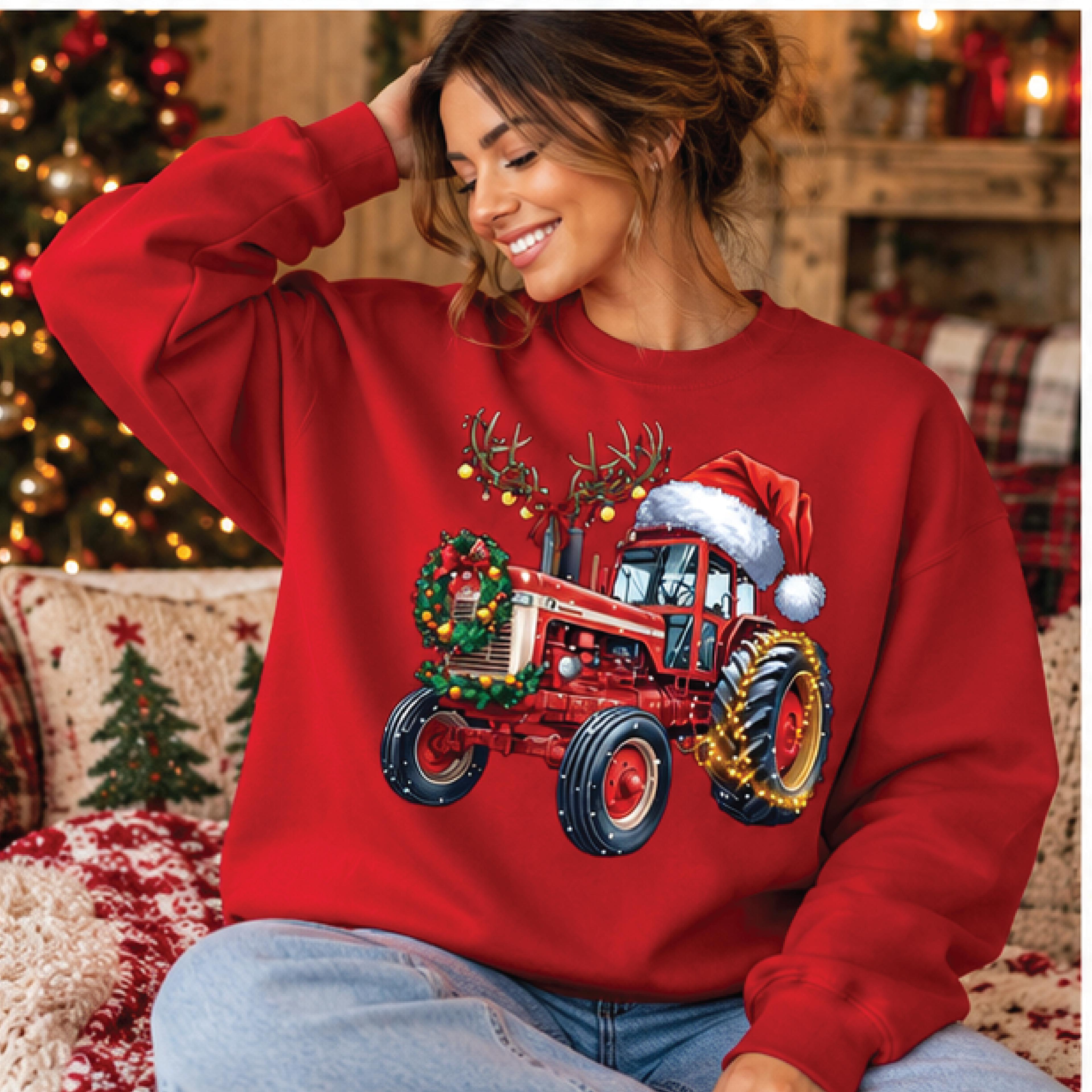 christmas tractor sweatshirt, vintage red farm tractor crewneck, santa hat holiday pullover, farmer christmas gift