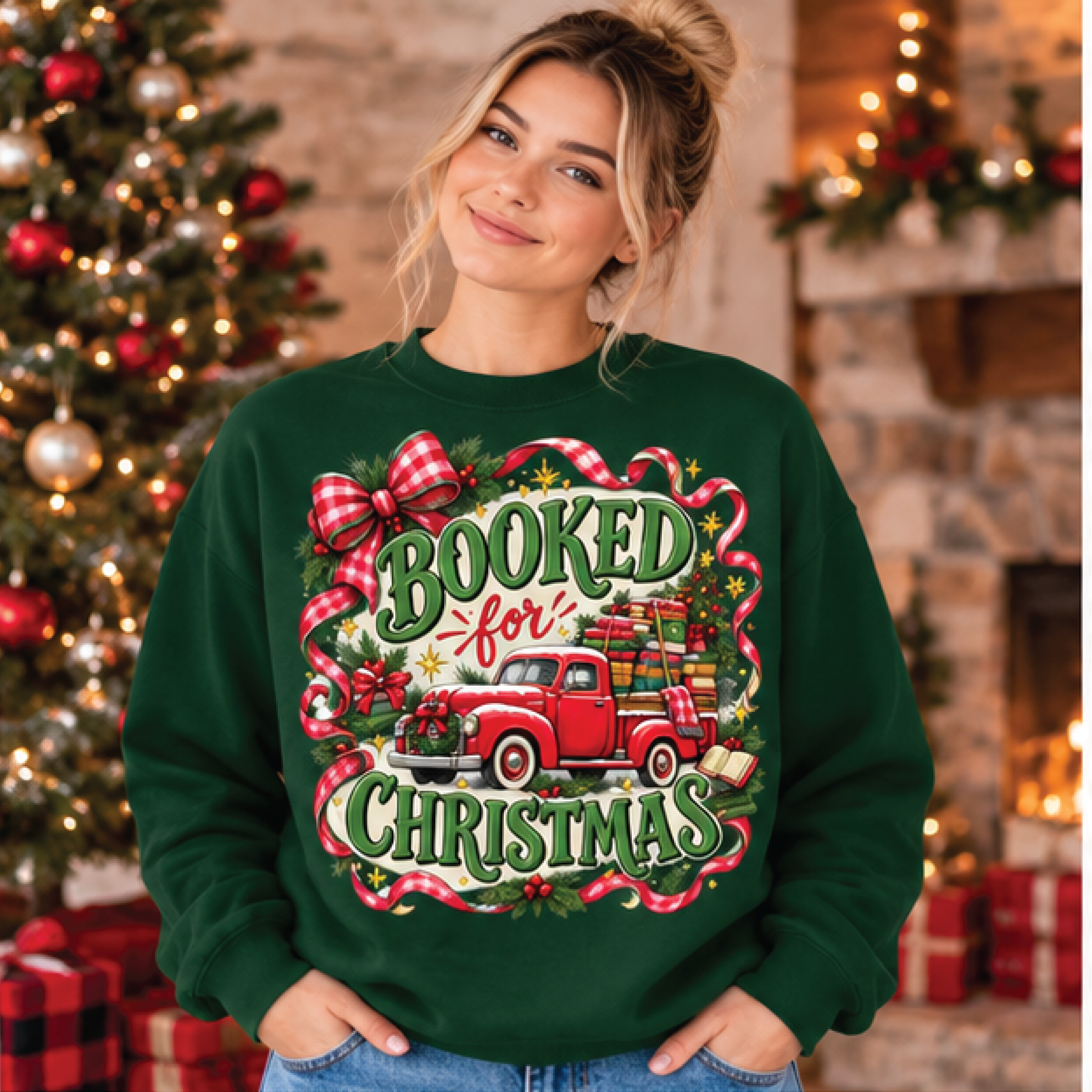 booked for christmas sweatshirt, christmas book lover crewneck, vintage red truck holiday pullover, cozy reader gift