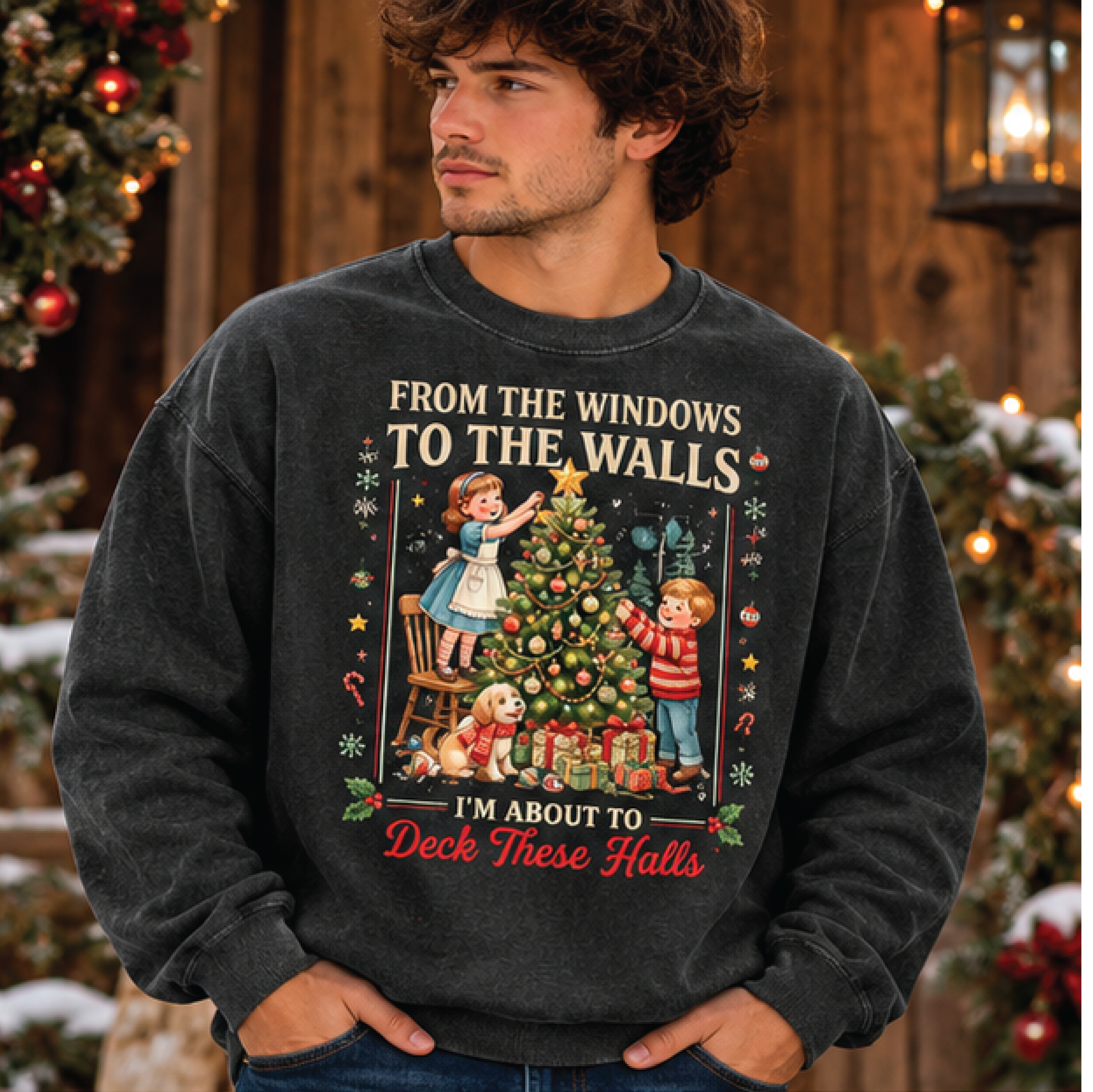 from the windows to the walls christmas sweatshirt, funny deck these halls crewneck, retro holiday christmas tree pullov