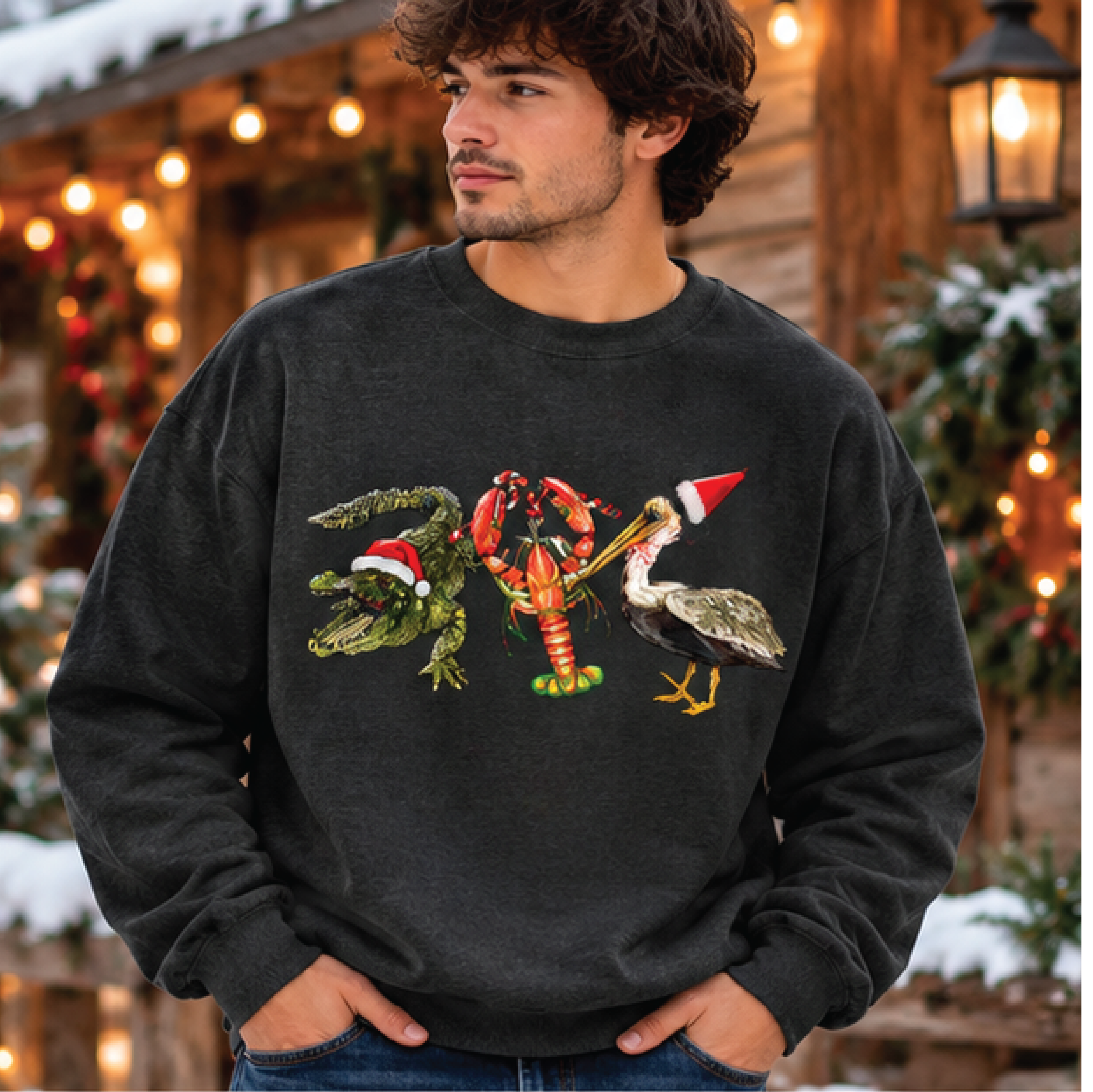 funny cajun christmas sweatshirt, santa alligator crawfish and pelican crewneck, louisiana christmas holiday pullover gi