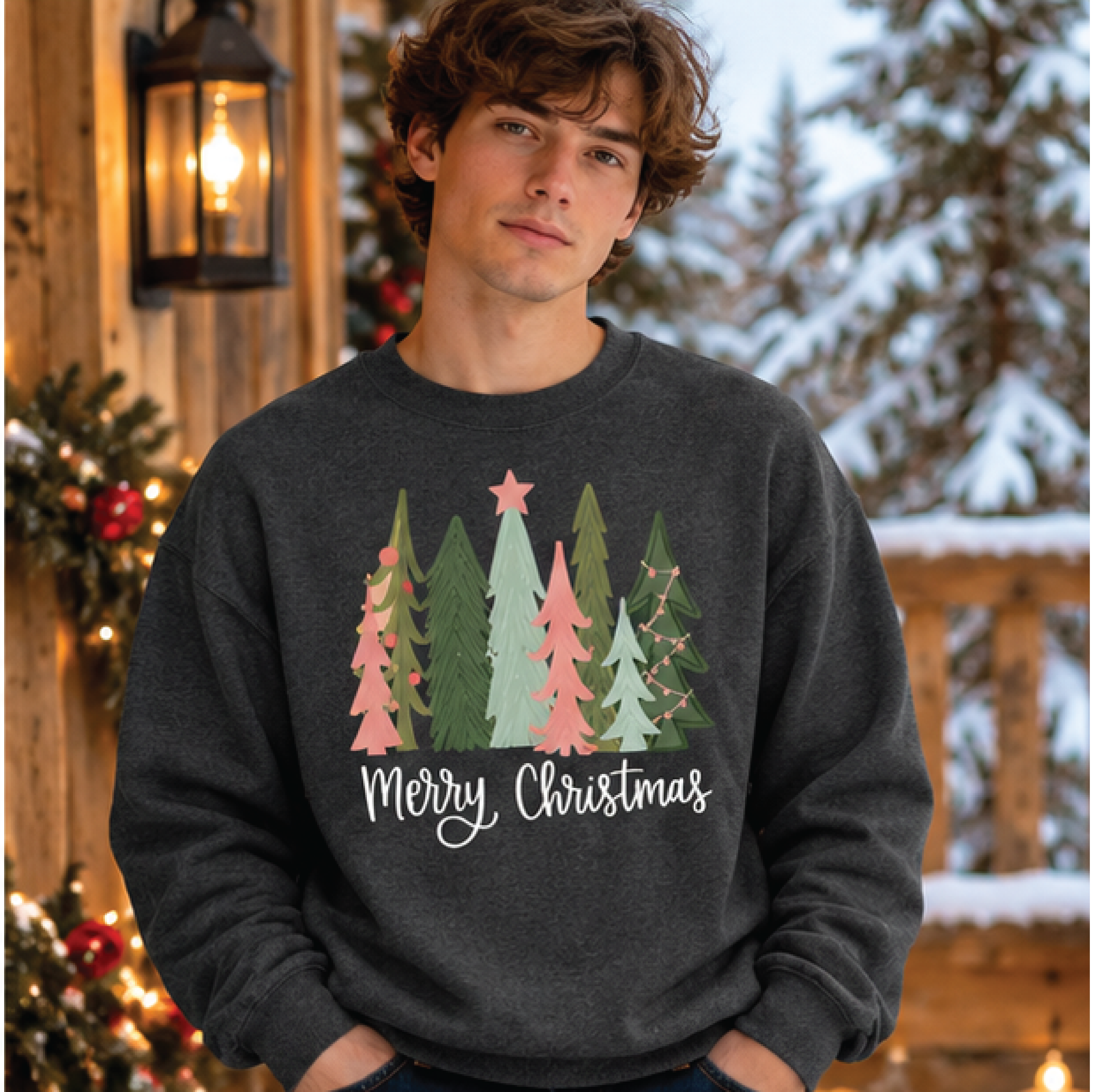 merry christmas trees sweatshirt, pink green pastel holiday crewneck, cute minimalist christmas tree pullover, festive