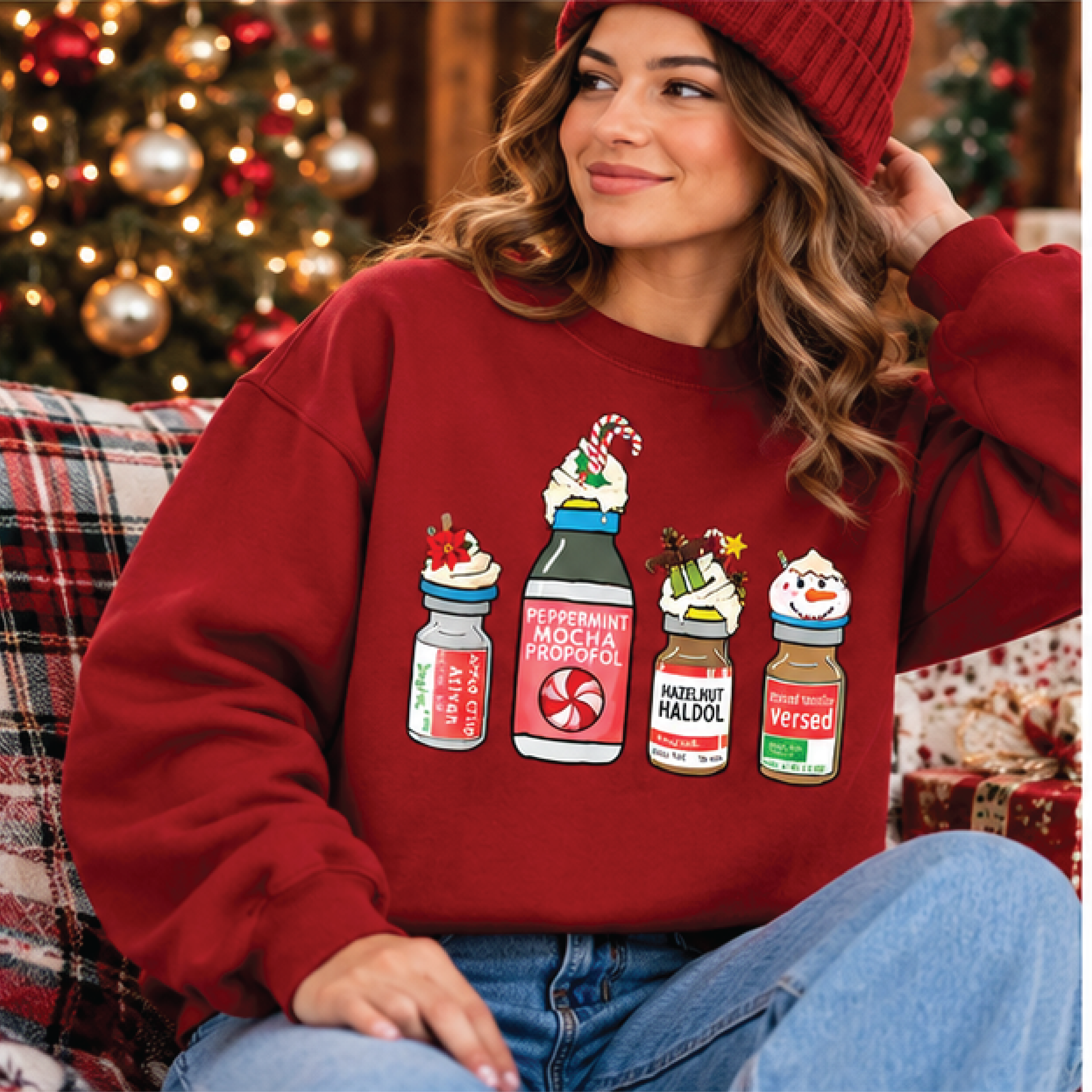 peppermint mocha propofol christmas sweatshirt, funny anesthesia nurse holiday crewneck, crna anesthesiologist christmas