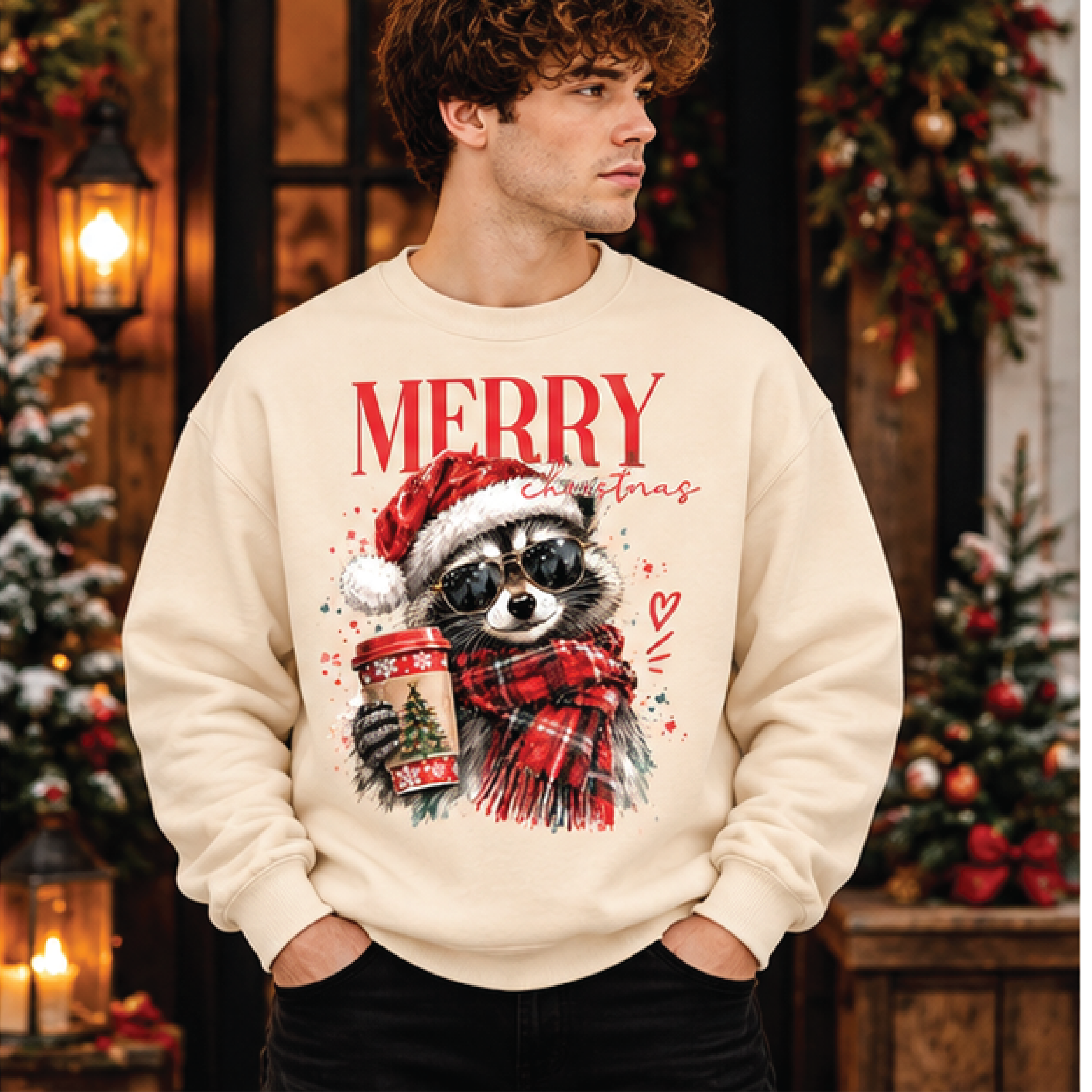 merry christmas raccoon sweatshirt, cute raccoon santa hat holiday crewneck, funny coffee lover christmas pullover