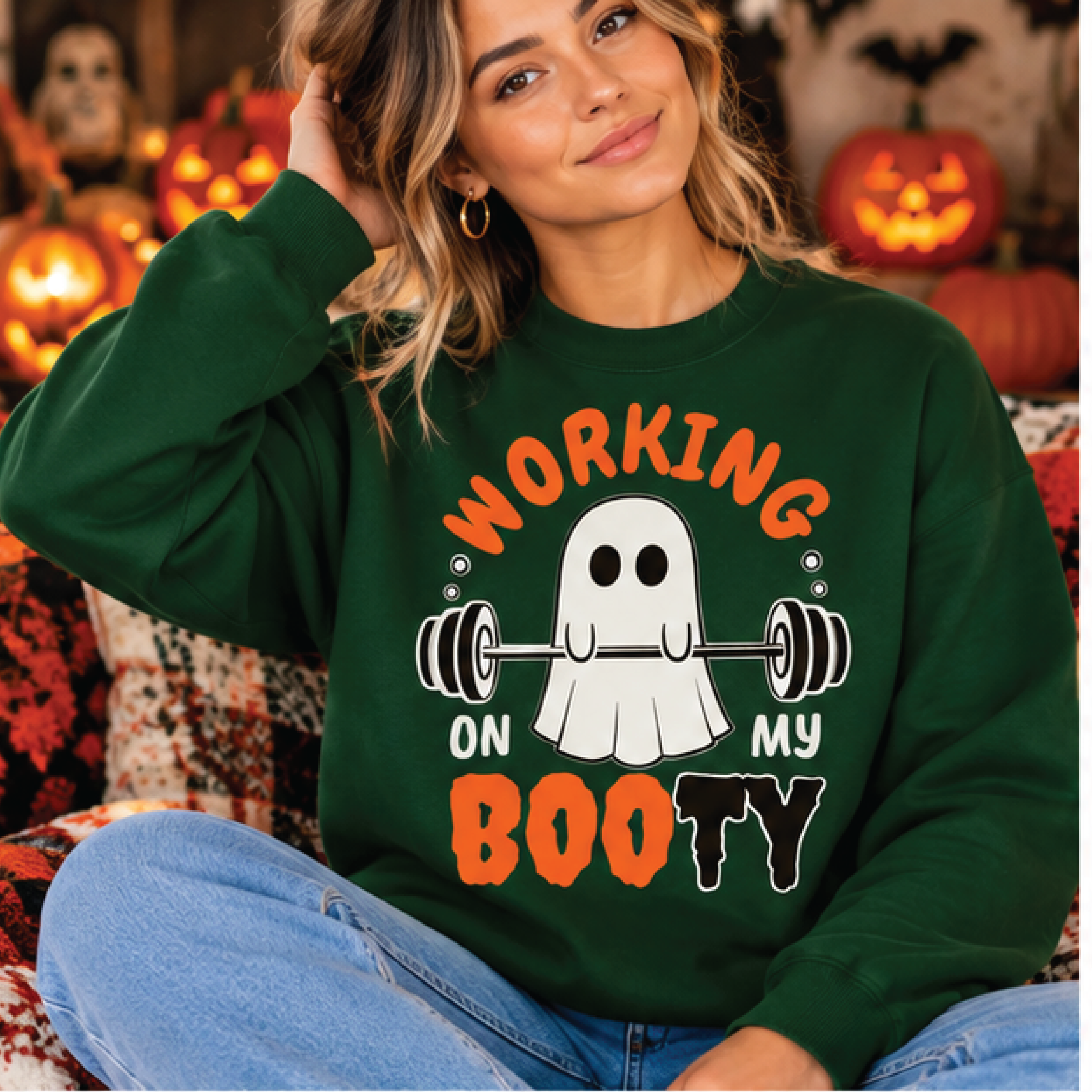 working on my booty halloween sweatshirt, funny ghost weightlifting crewneck, spooky gym workout pullover, fitness lover