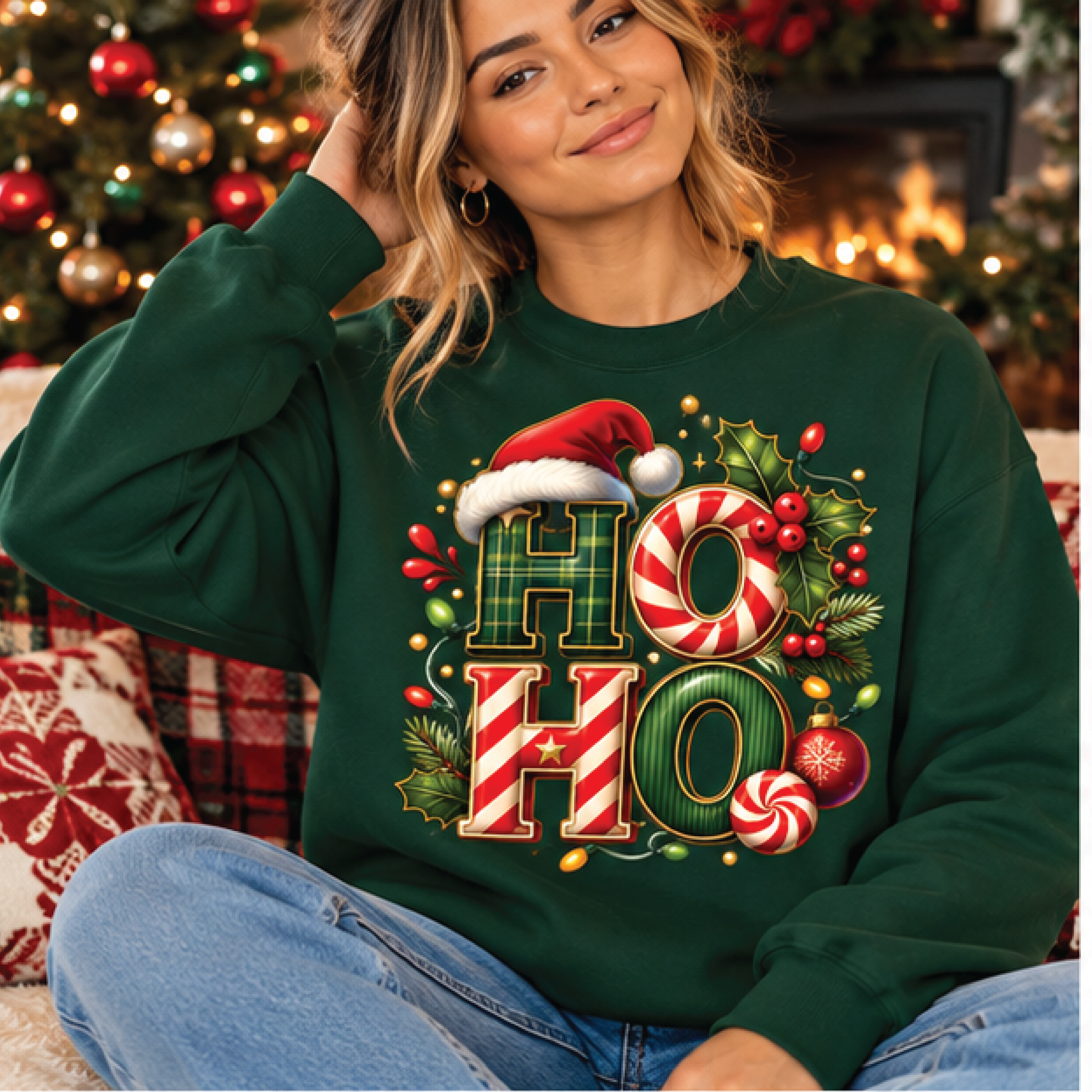 ho ho ho christmas sweatshirt, candy cane holiday crewneck, santa hat festive graphic pullover, cute christmas gift for
