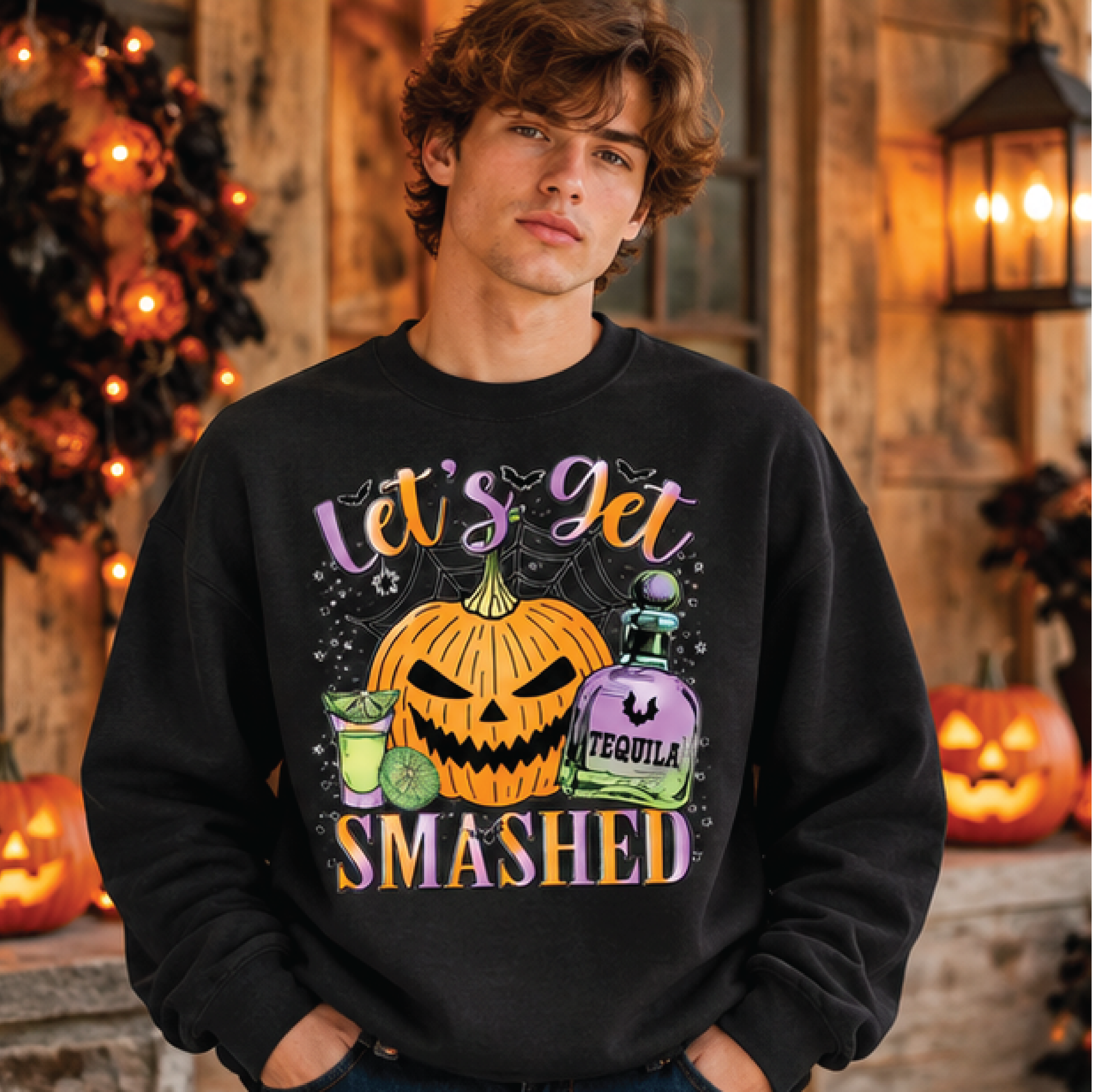 let's get smashed halloween sweatshirt, funny pumpkin tequila crewneck, spooky drinking party shirt, halloween graphic