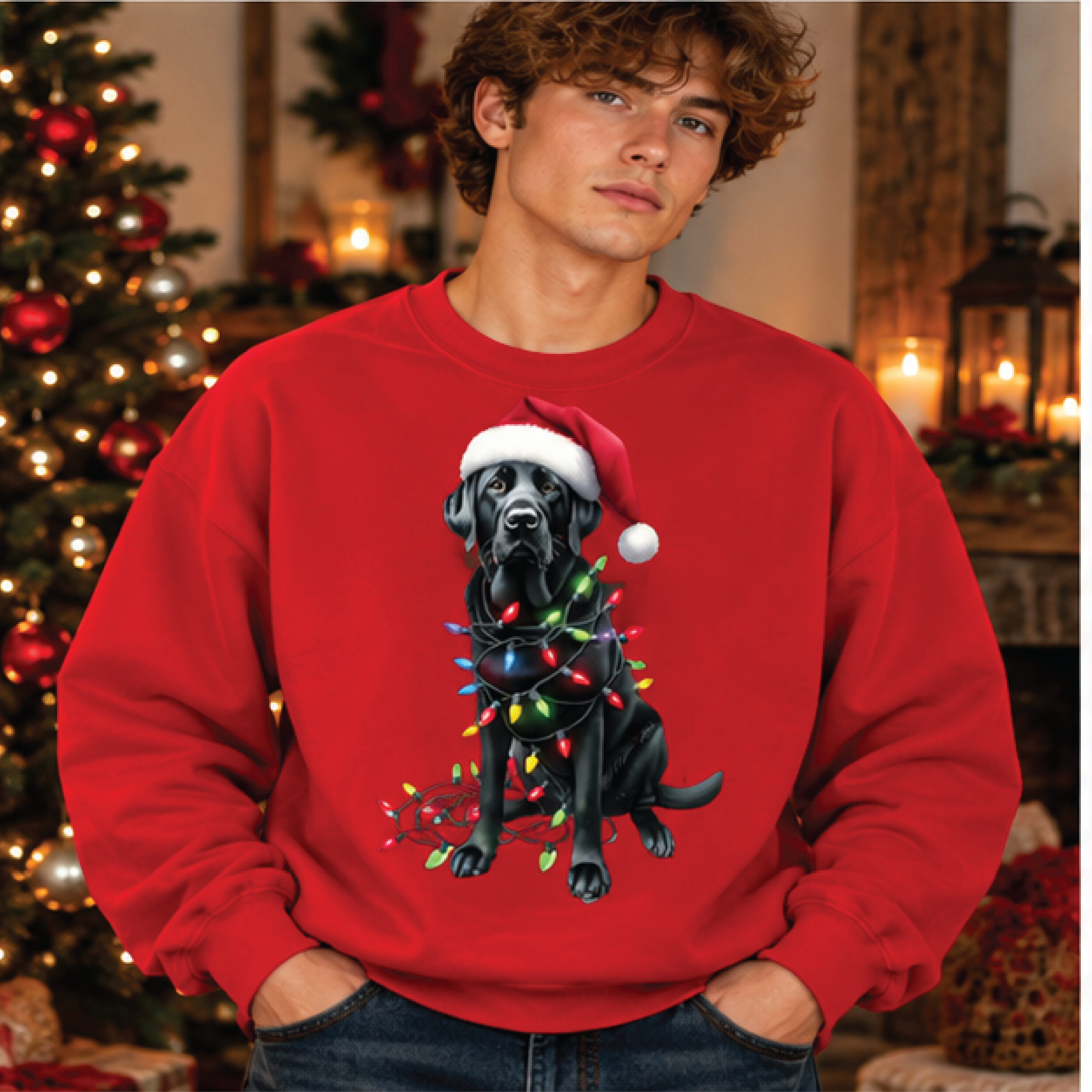 christmas black labrador sweatshirt, santa hat dog crewneck, cute black lab christmas lights sweater, dog lover holiday