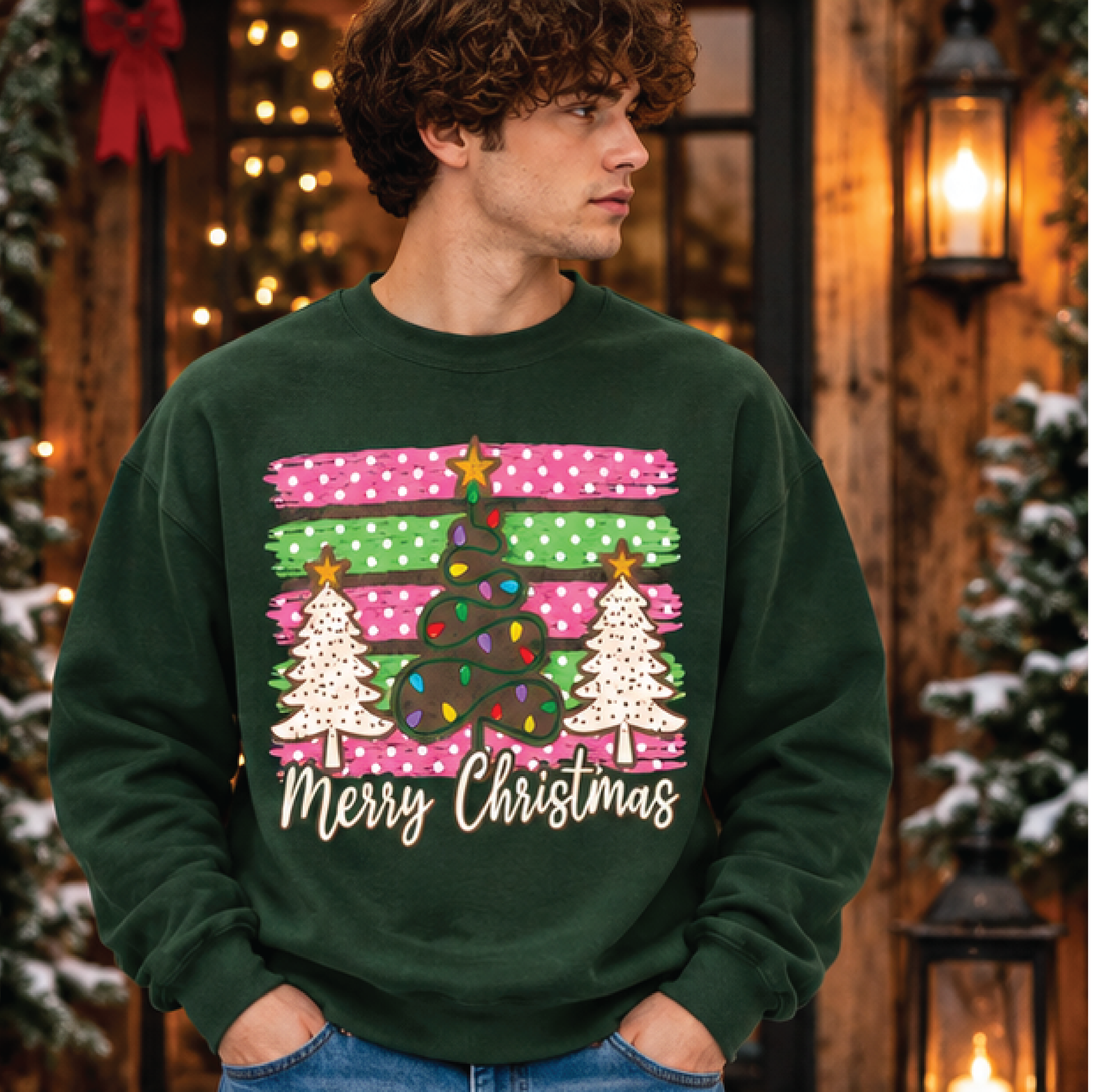 merry christmas tree sweatshirt, pink green christmas crewneck, retro holiday tree sweater, cute festive winter gift