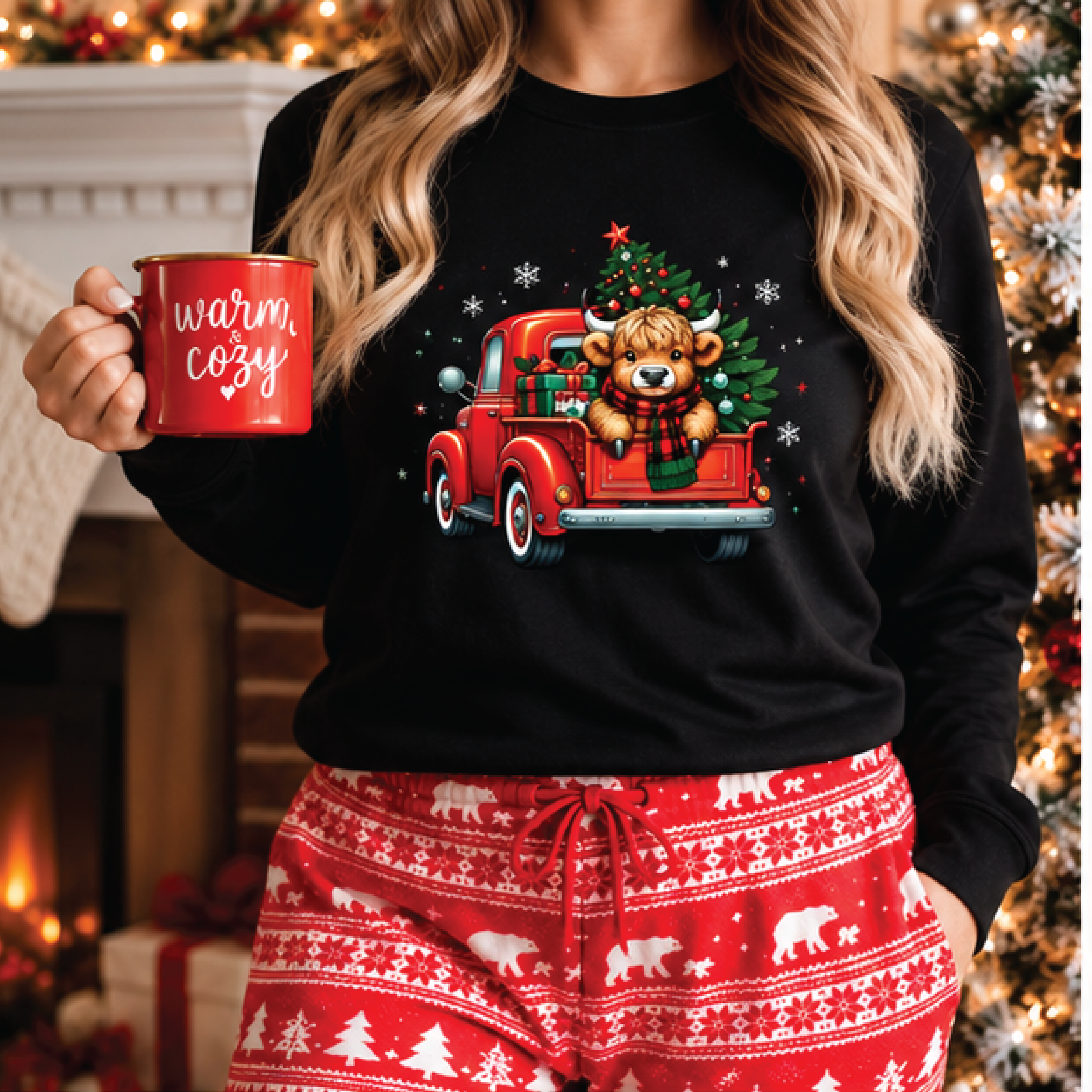 highland cow christmas sweatshirt, cute cow in red vintage truck with christmas tree, cozy holiday crewneck, cow lover