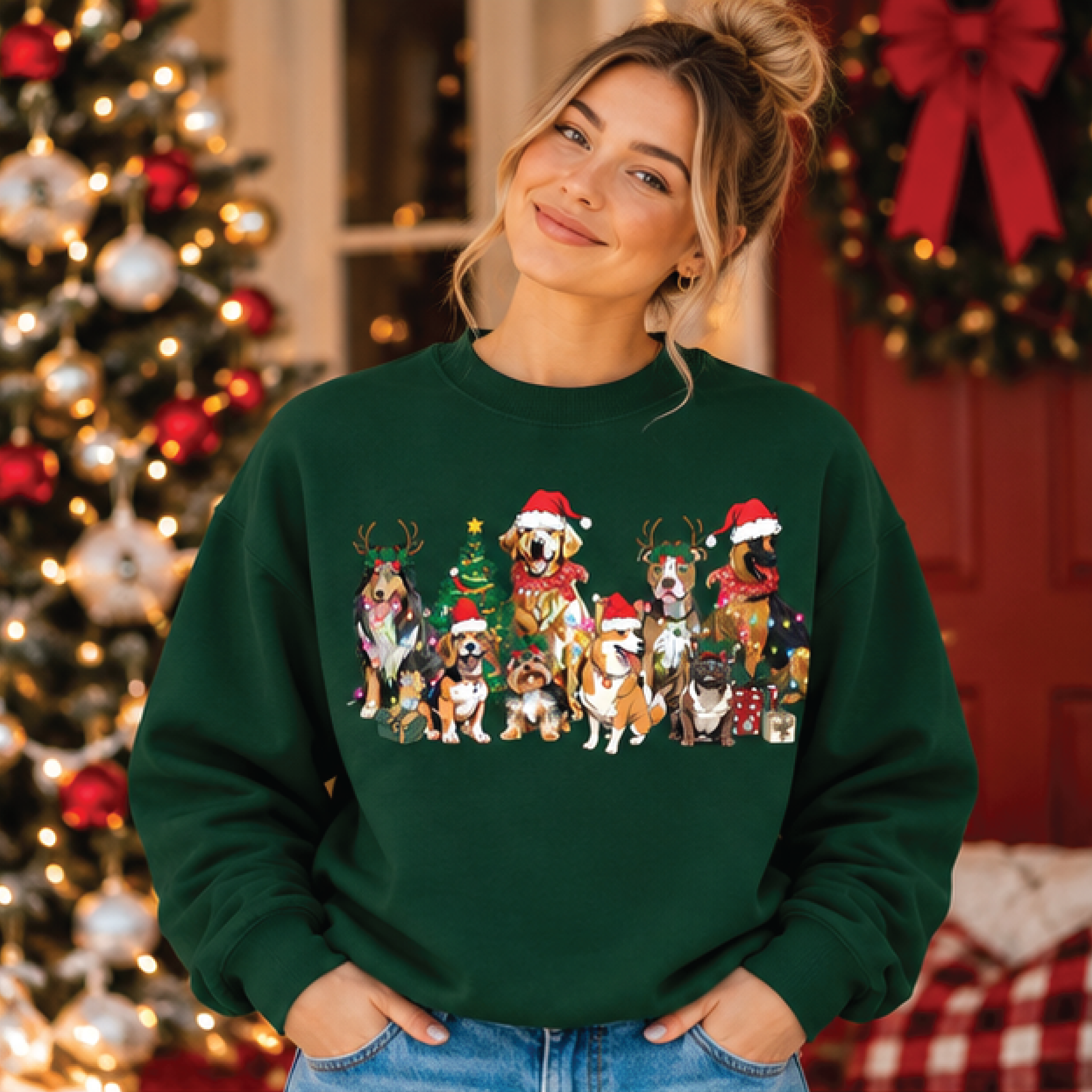 christmas dogs sweatshirt, cute holiday dog crewneck, festive puppy santa hat sweater, christmas pet lover gift, winter