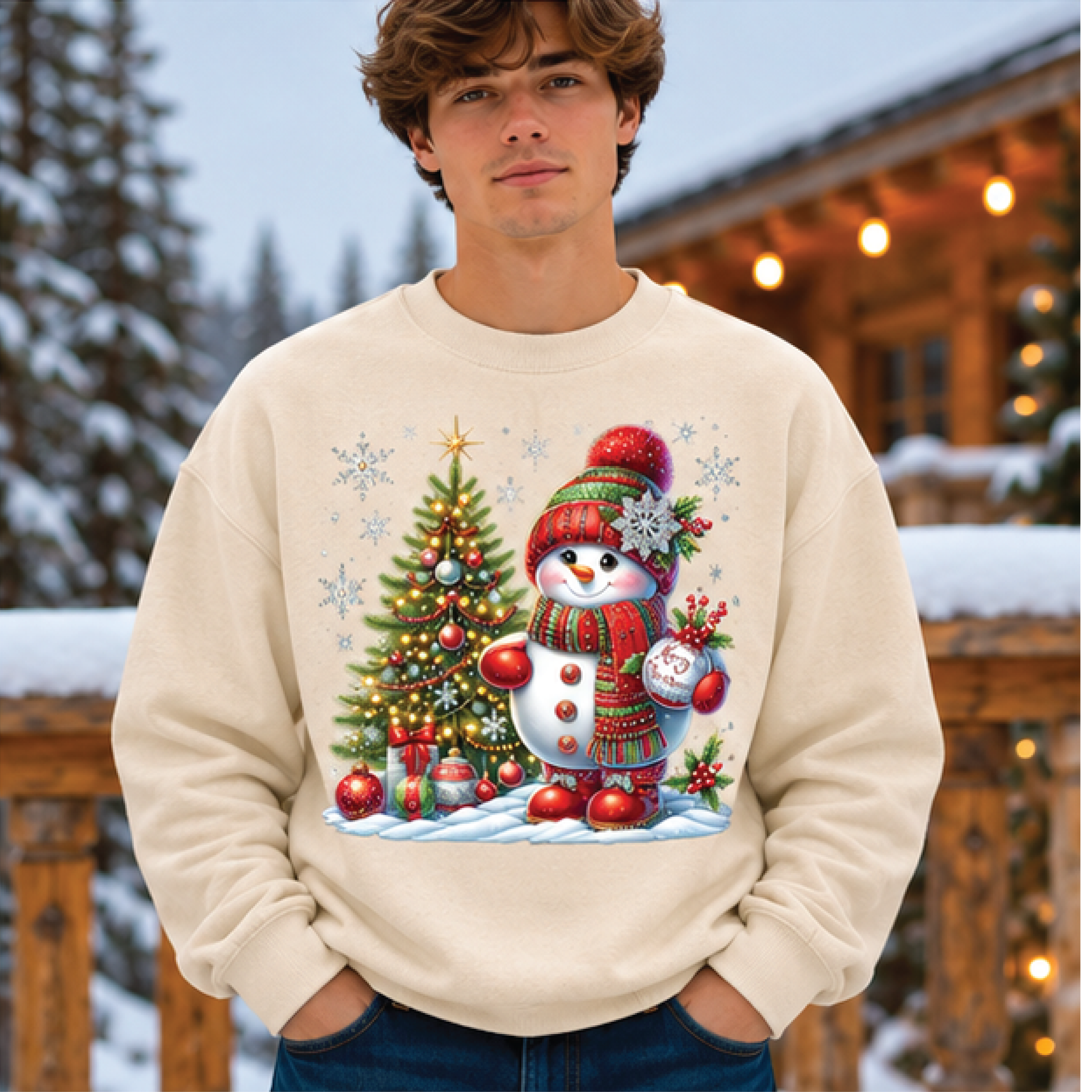 christmas snowman sweatshirt, cute snowman and christmas tree crewneck, festive winter holiday sweater, cozy xmas gift