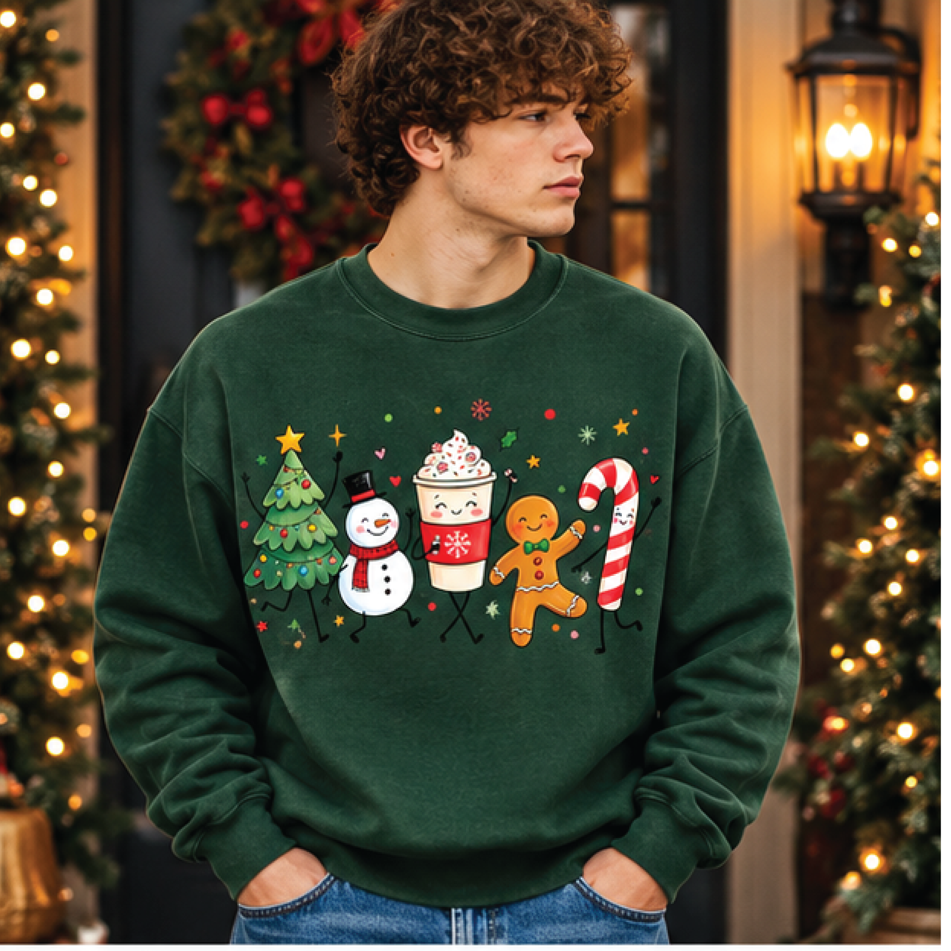cute christmas characters sweatshirt, dancing gingerbread snowman christmas tree coffee candy cane crewneck, holiday