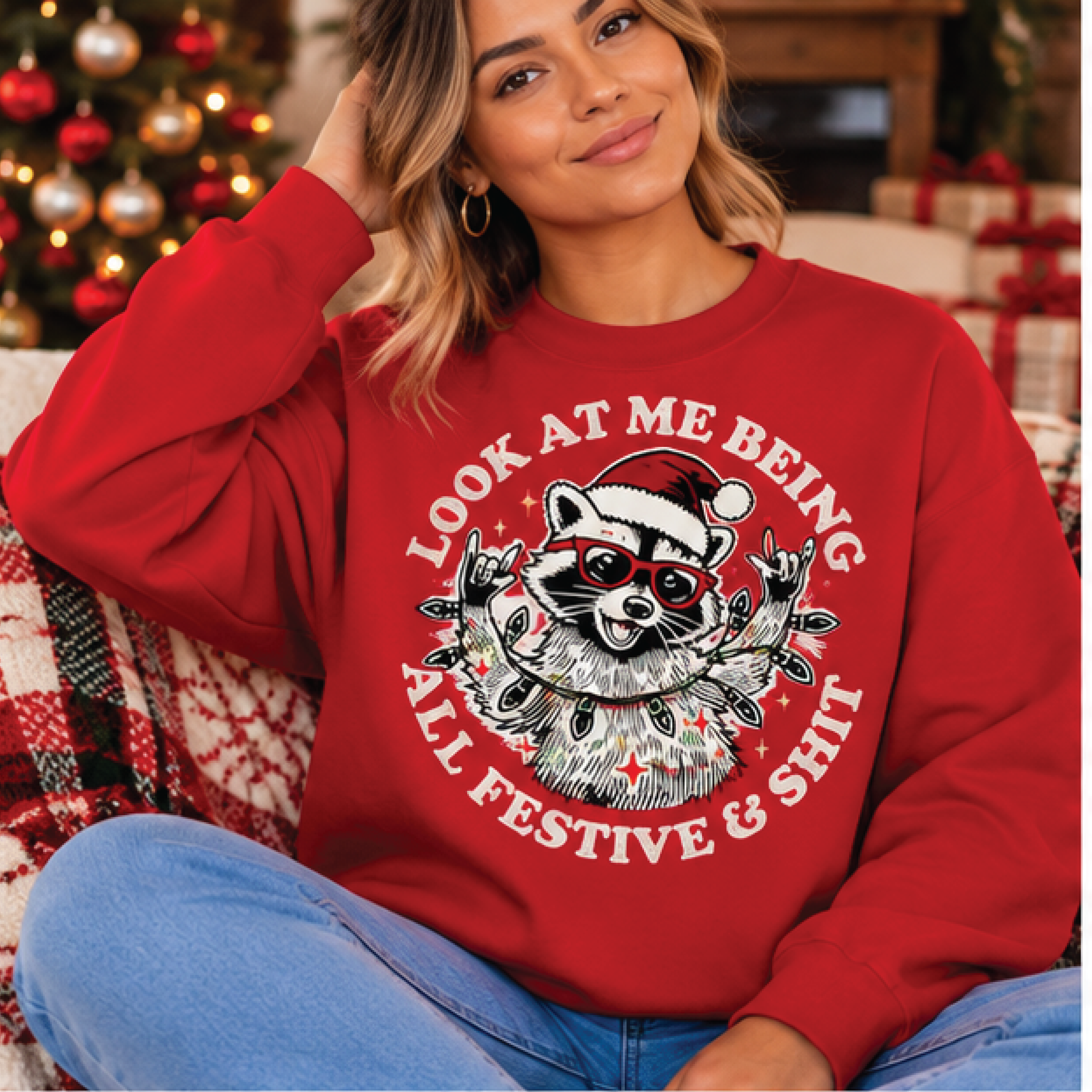 look at me being all festive and shit sweatshirt, funny christmas raccoon crewneck, sarcastic holiday sweater, xmas gift