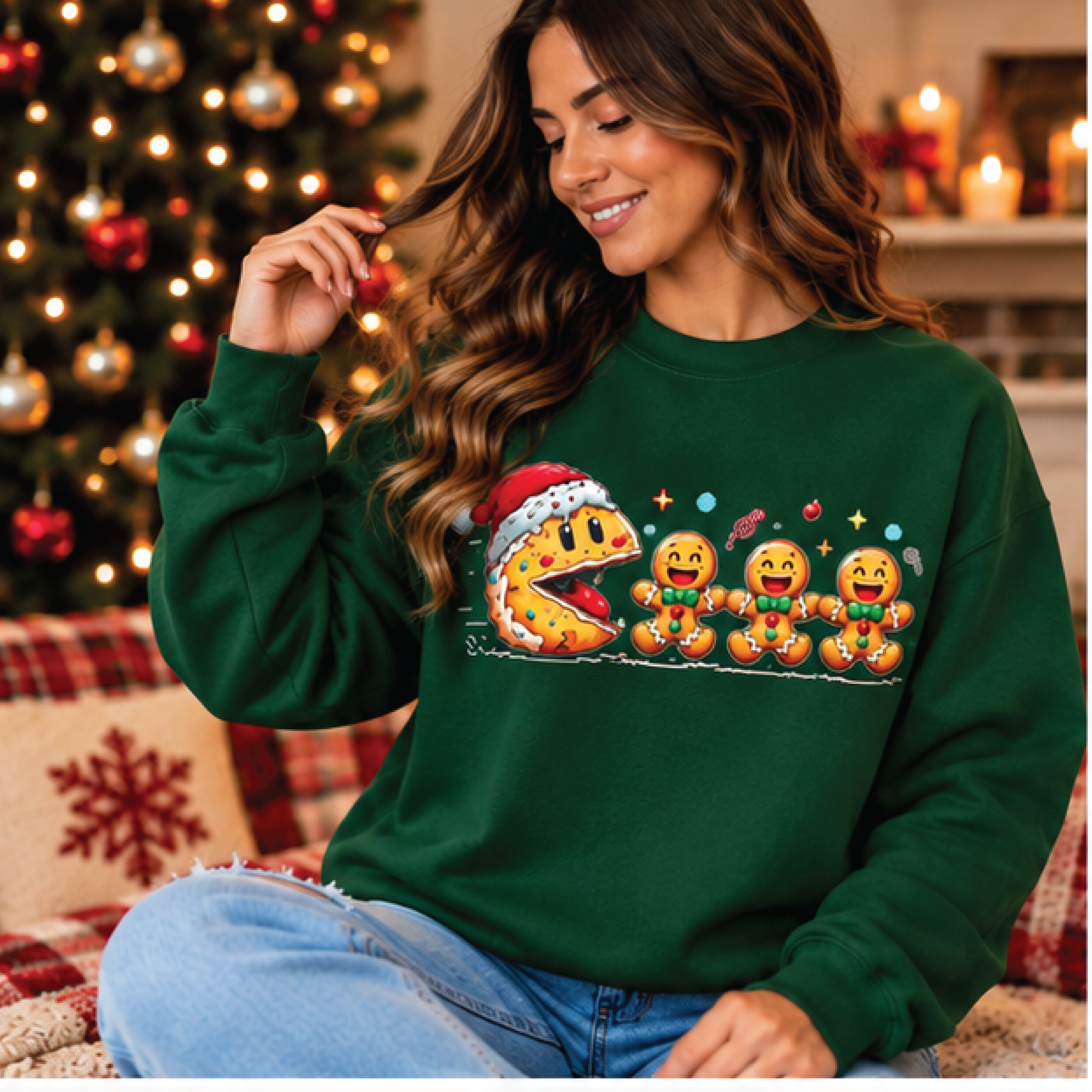 funny christmas gingerbread sweatshirt, santa cookie chasing gingerbread men crewneck, cute holiday graphic sweater