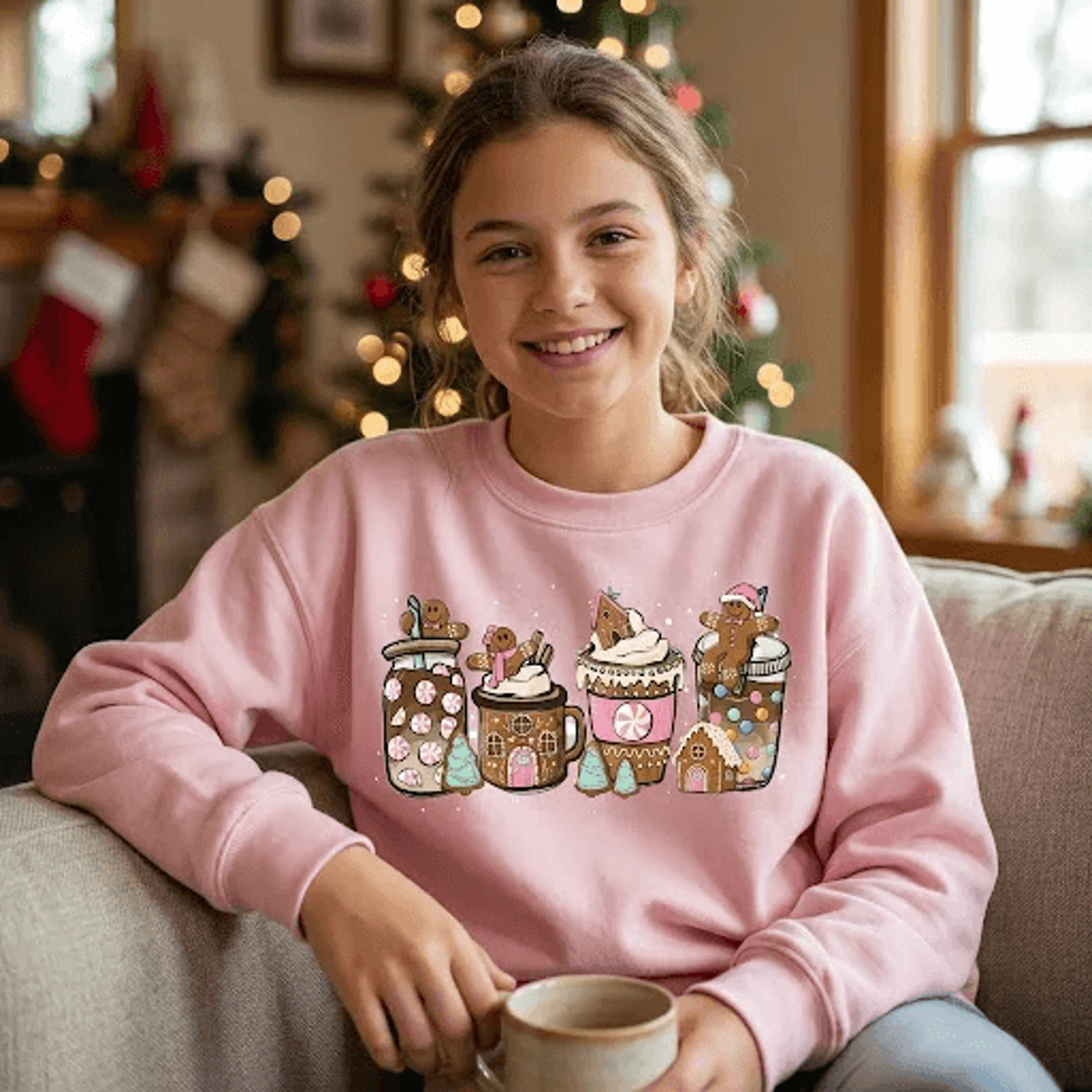 christmas gingerbread sweatshirt, cute holiday hot cocoa crewneck, gingerbread cookies and coffee cups sweater, cozy