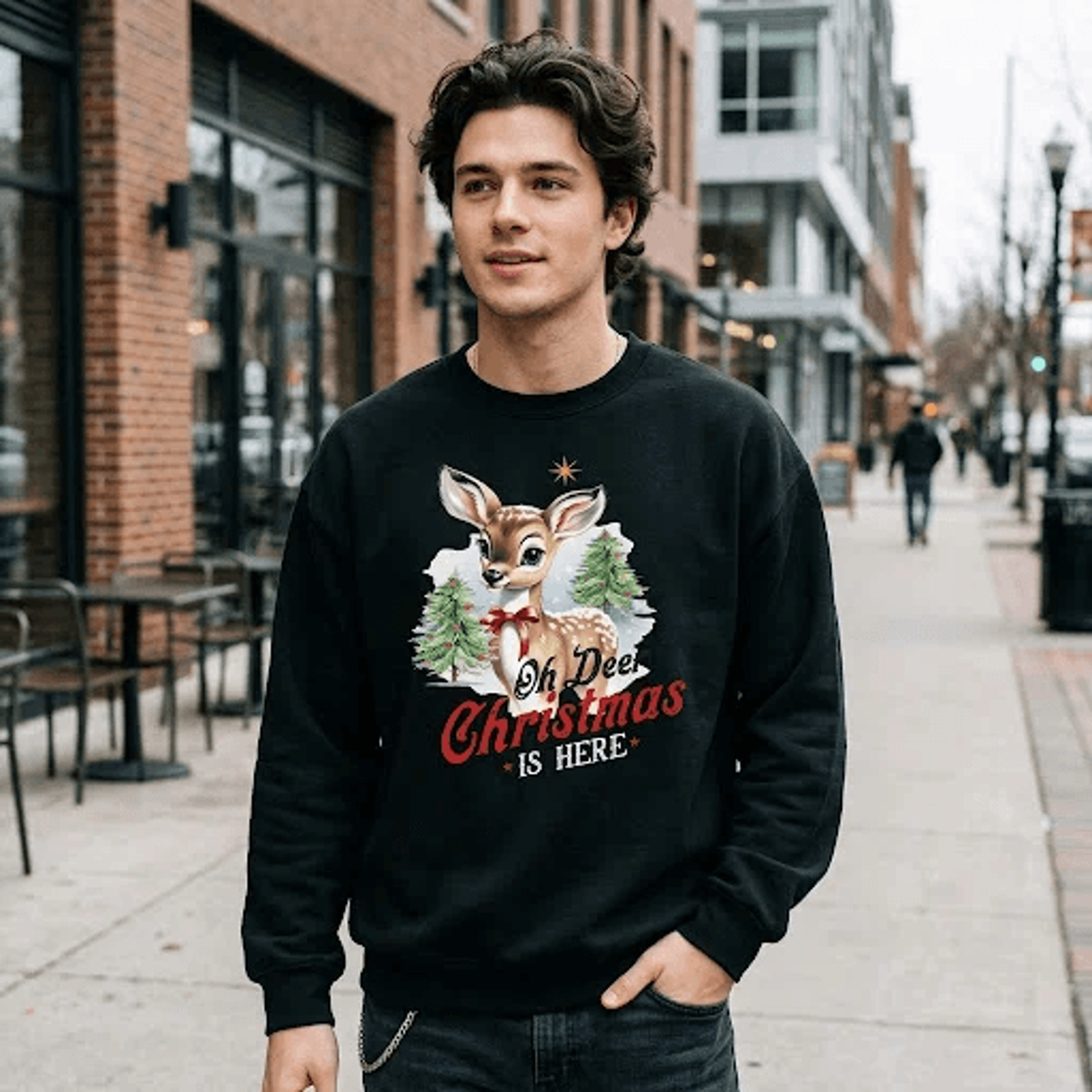 oh deer christmas is here sweatshirt, cute reindeer christmas crewneck, pink holiday sweater, woodland winter gift