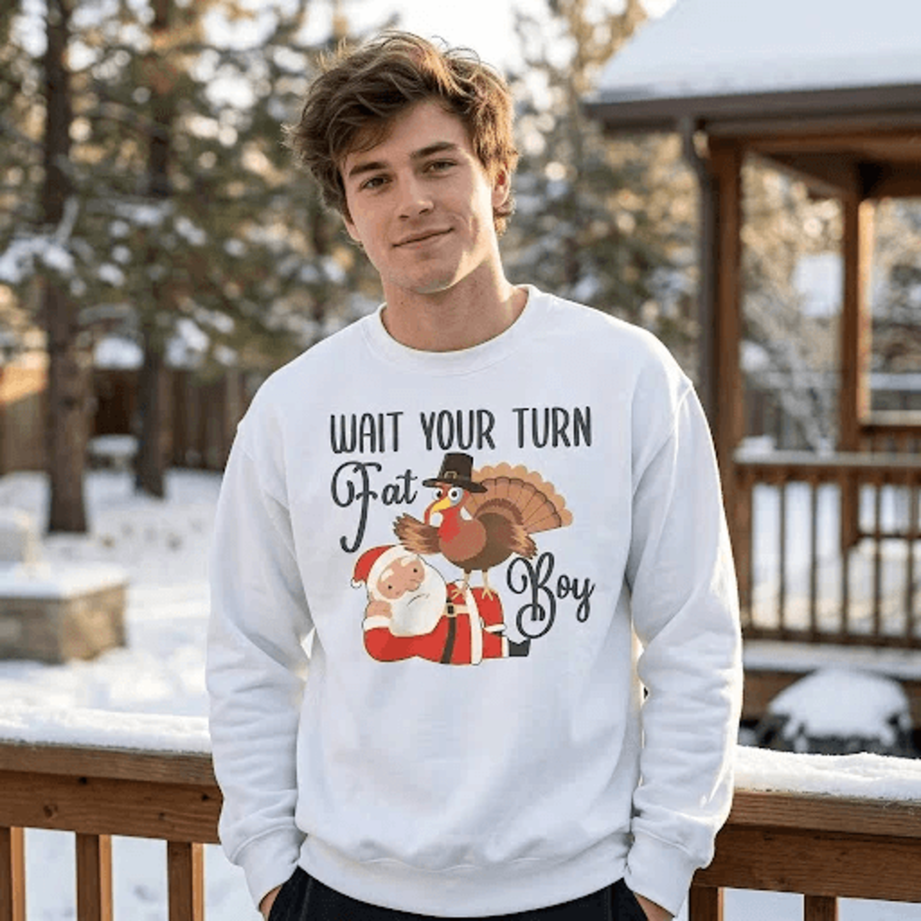 wait your turn fat boy christmas sweatshirt, funny santa turkey crewneck, sarcastic thanksgiving holiday sweater, xmas