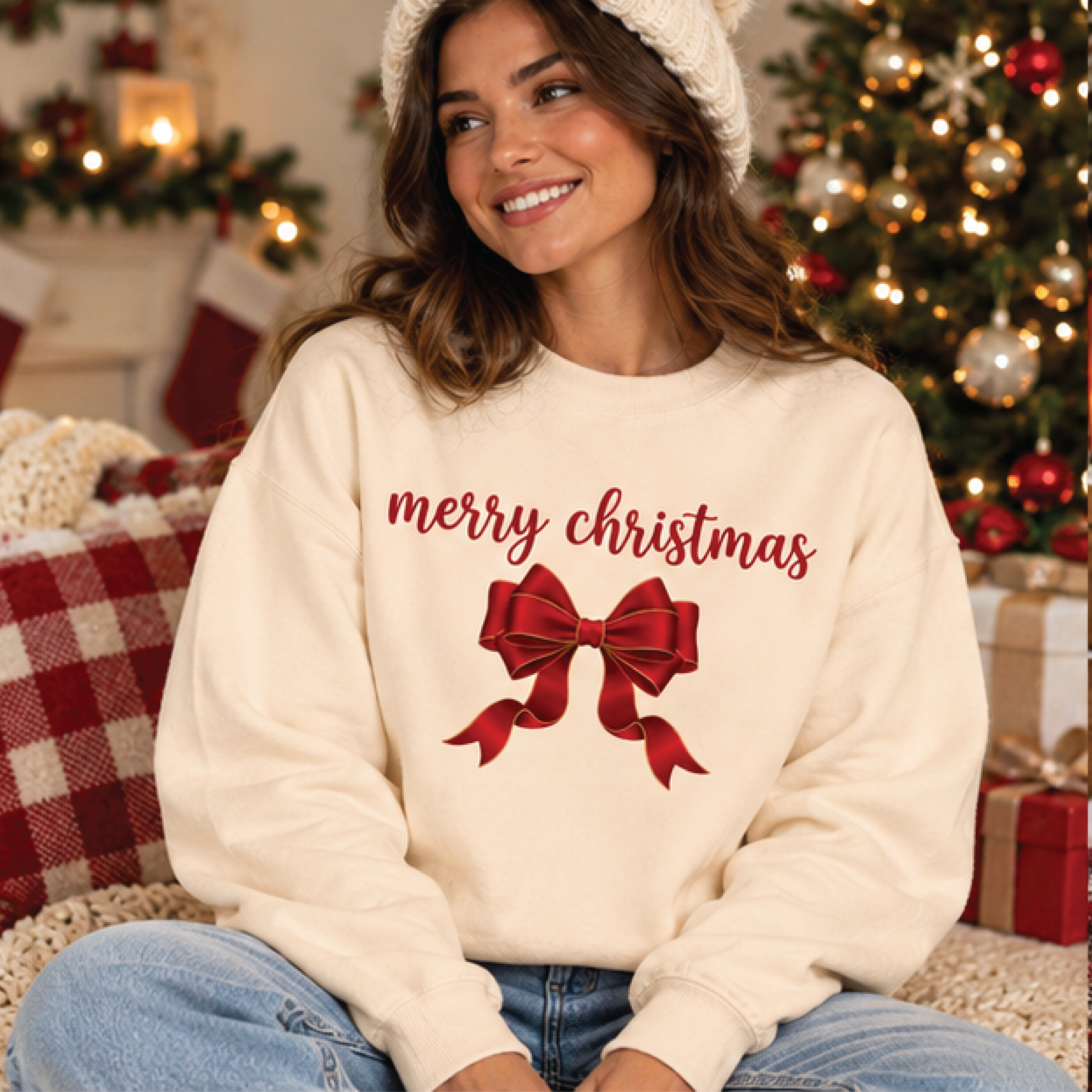 merry christmas bow sweatshirt, coquette red ribbon christmas crewneck, cute holiday sweater, festive xmas gift