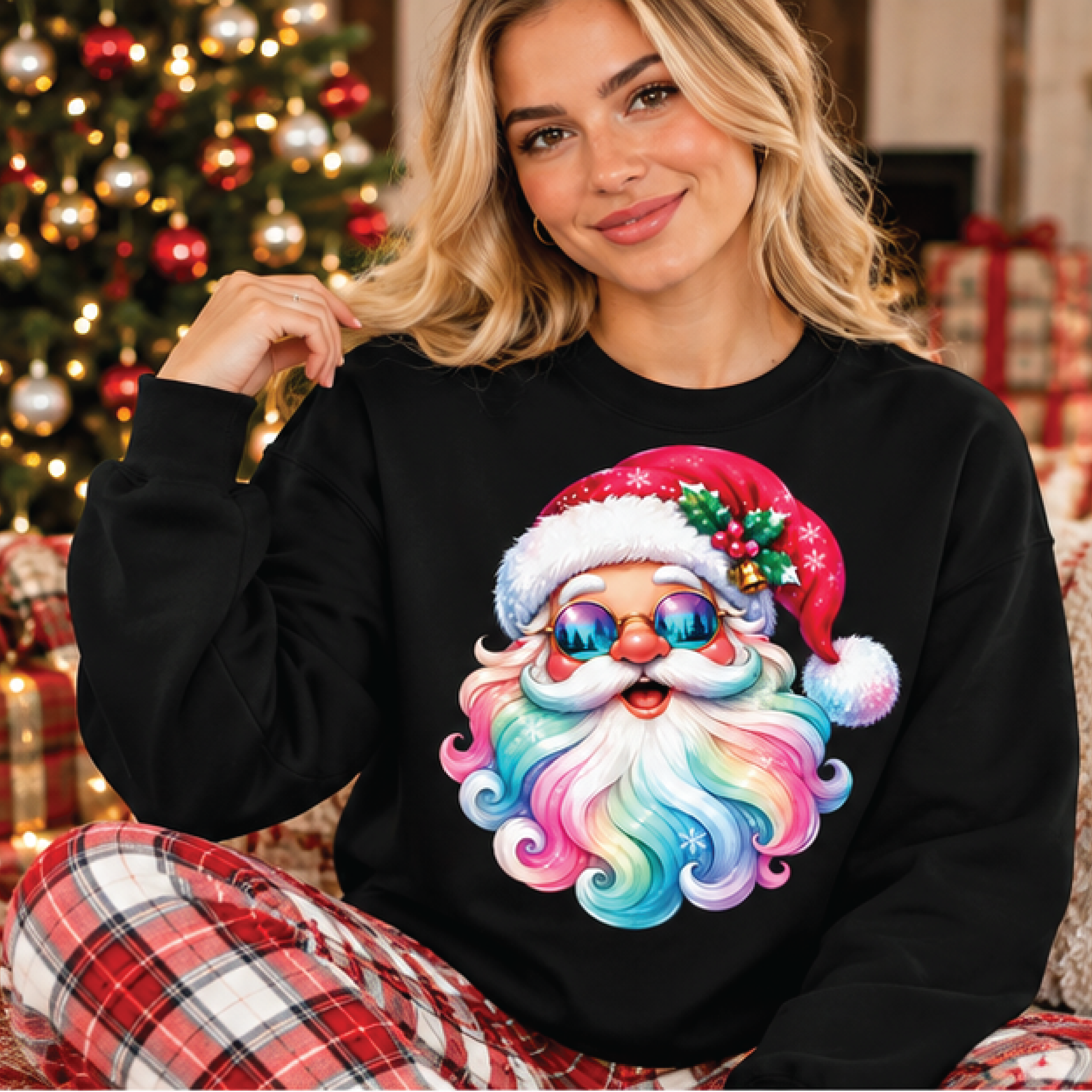 rainbow santa christmas sweatshirt, colorful santa claus crewneck, groovy holiday sweater, cute pastel xmas gift
