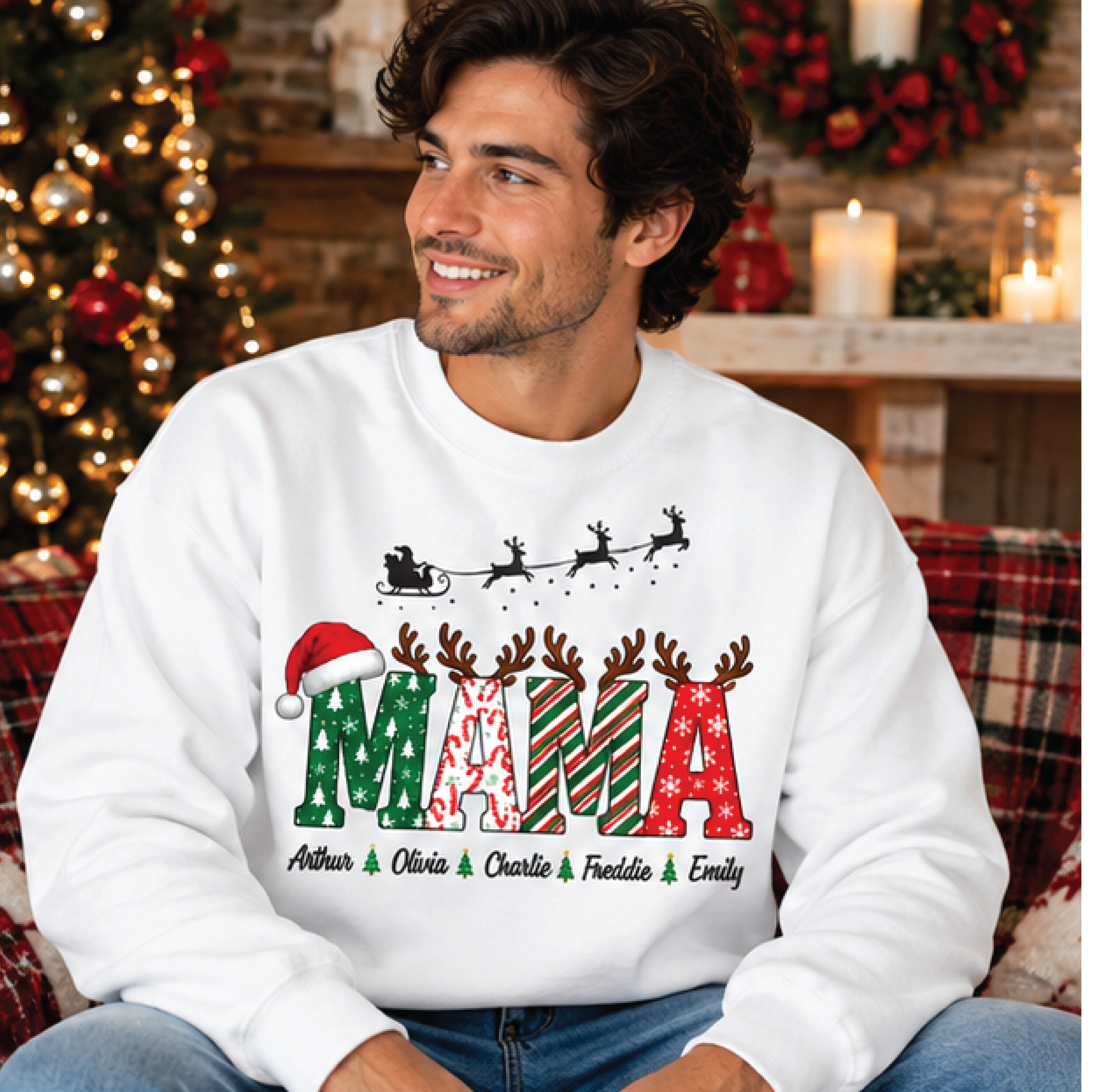 personalized mama christmas sweatshirt, custom kids names reindeer crewneck, festive holiday mom sweater, christmas gift
