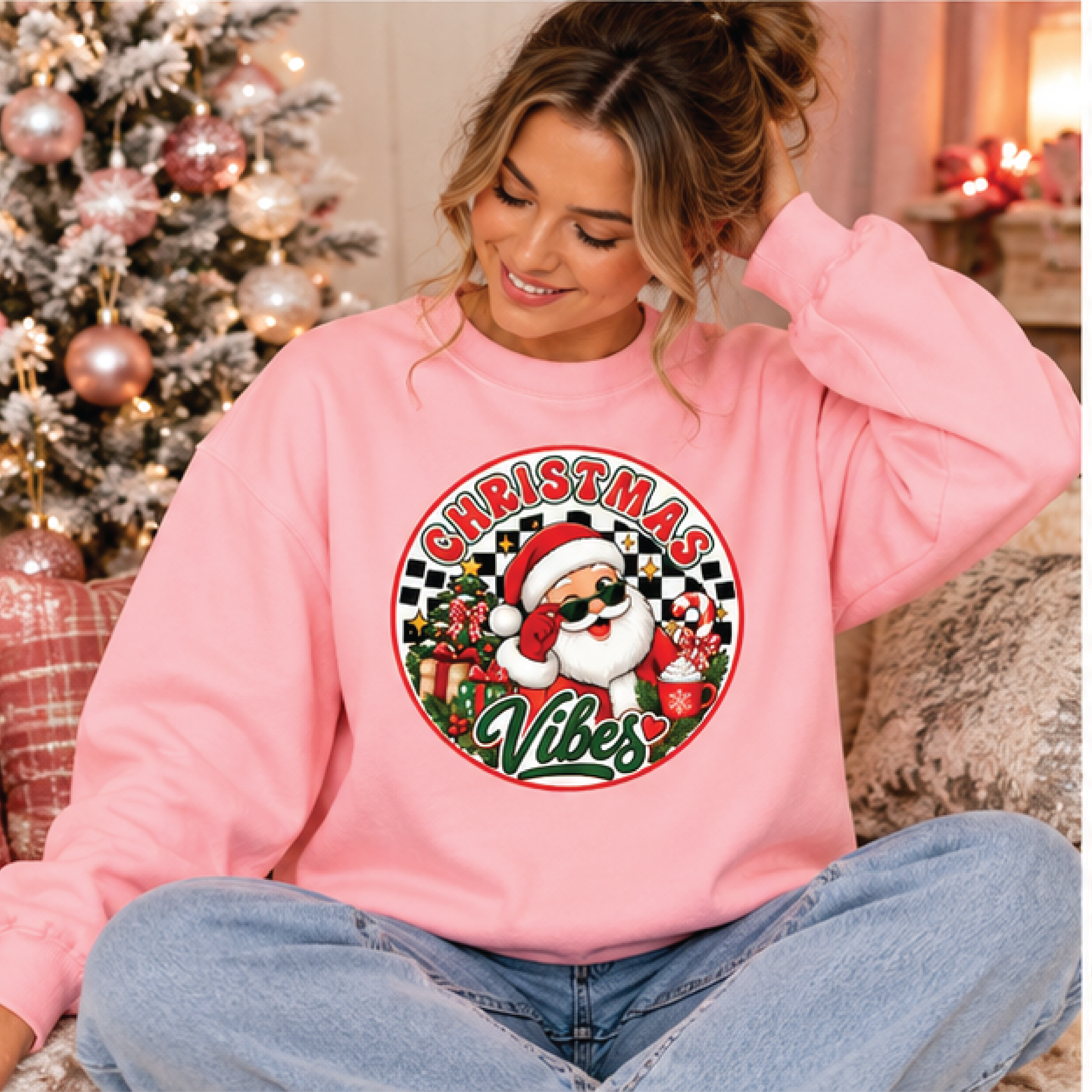 christmas vibes santa sweatshirt, retro santa claus christmas crewneck, cute checkered holiday sweater, festive xmas