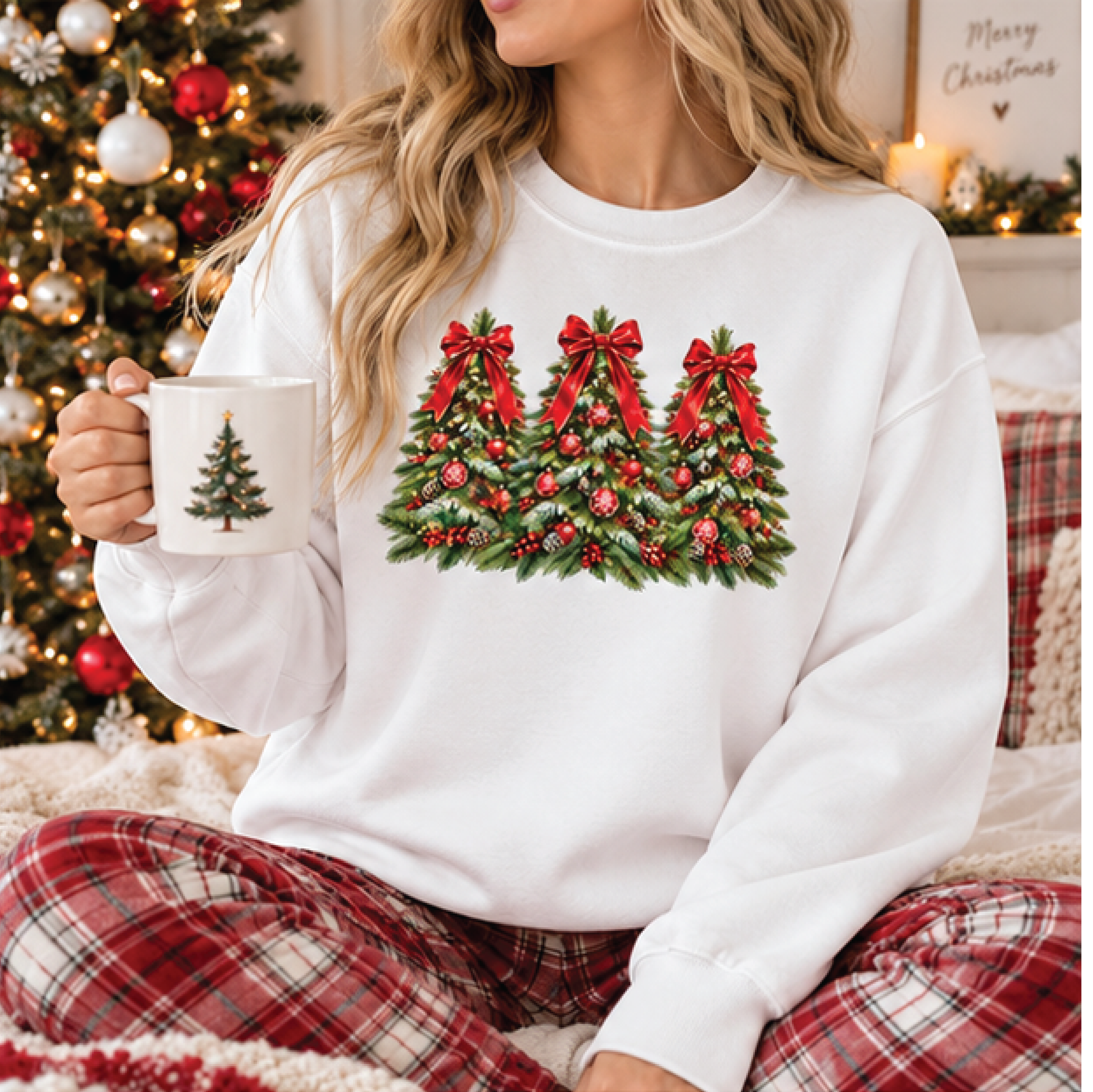 vintage christmas tree sweatshirt, three christmas trees with red bows crewneck, coquette holiday sweater, xmas