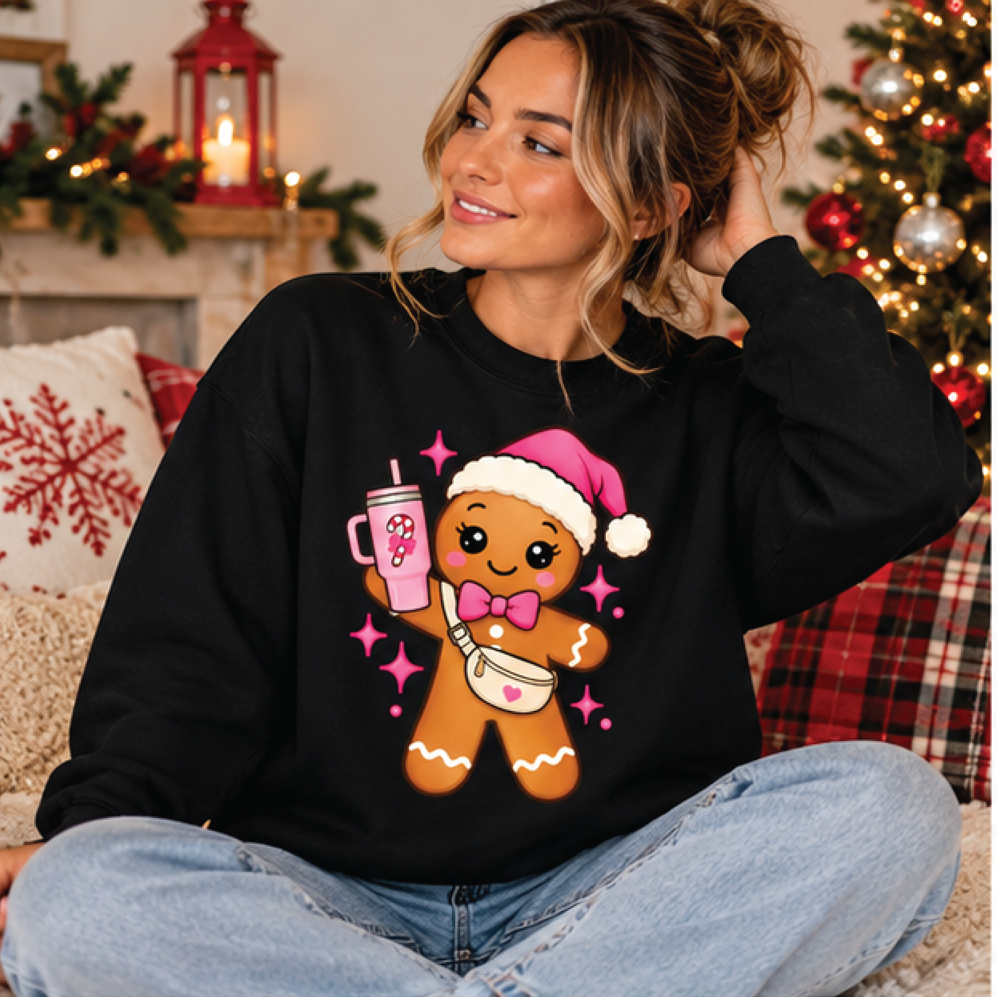cute gingerbread christmas sweatshirt, pink santa hat gingerbread girl sweater, kawaii holiday crewneck, festive gift