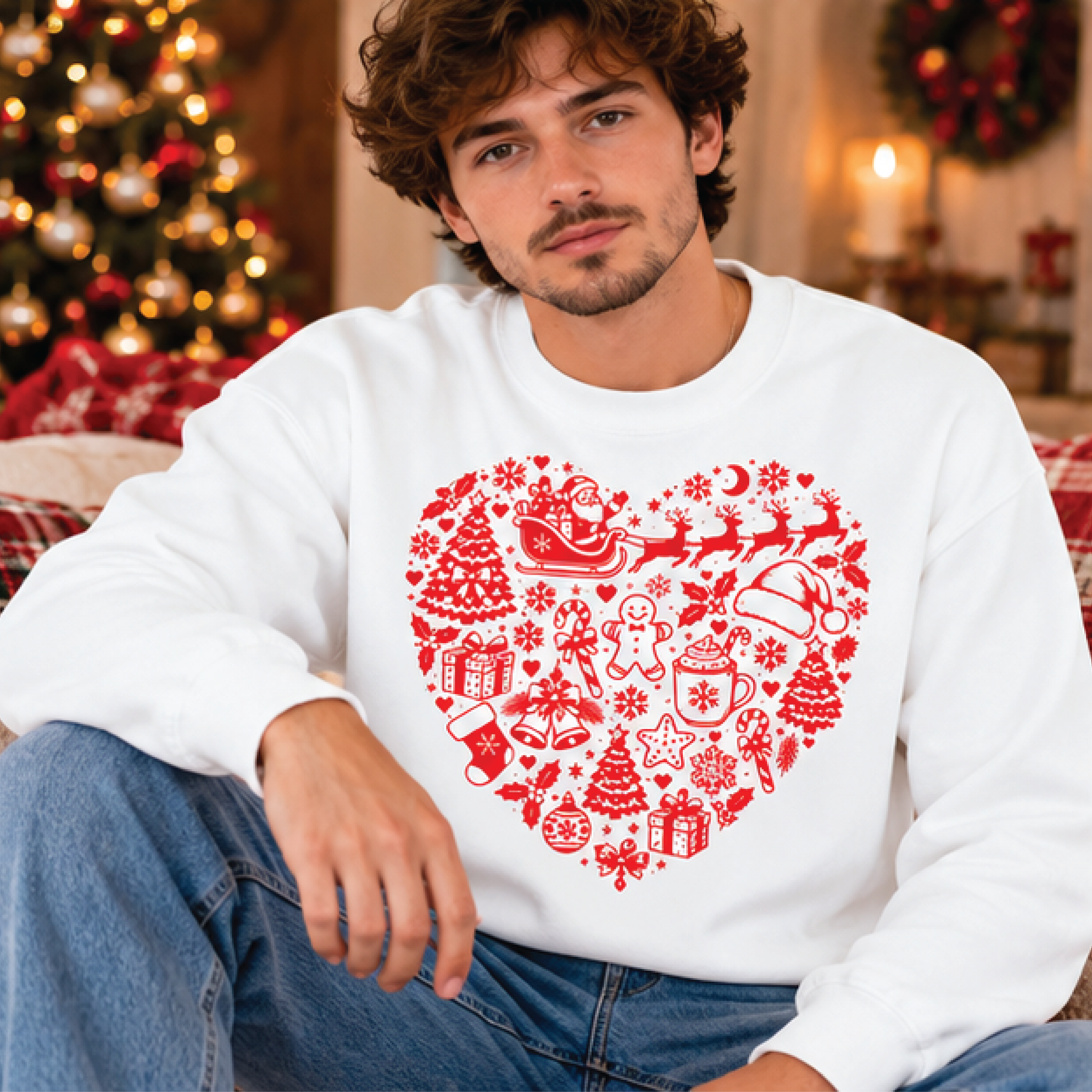 christmas heart sweatshirt, red holiday icons sweater, santa reindeer gingerbread christmas crewneck, festive winter