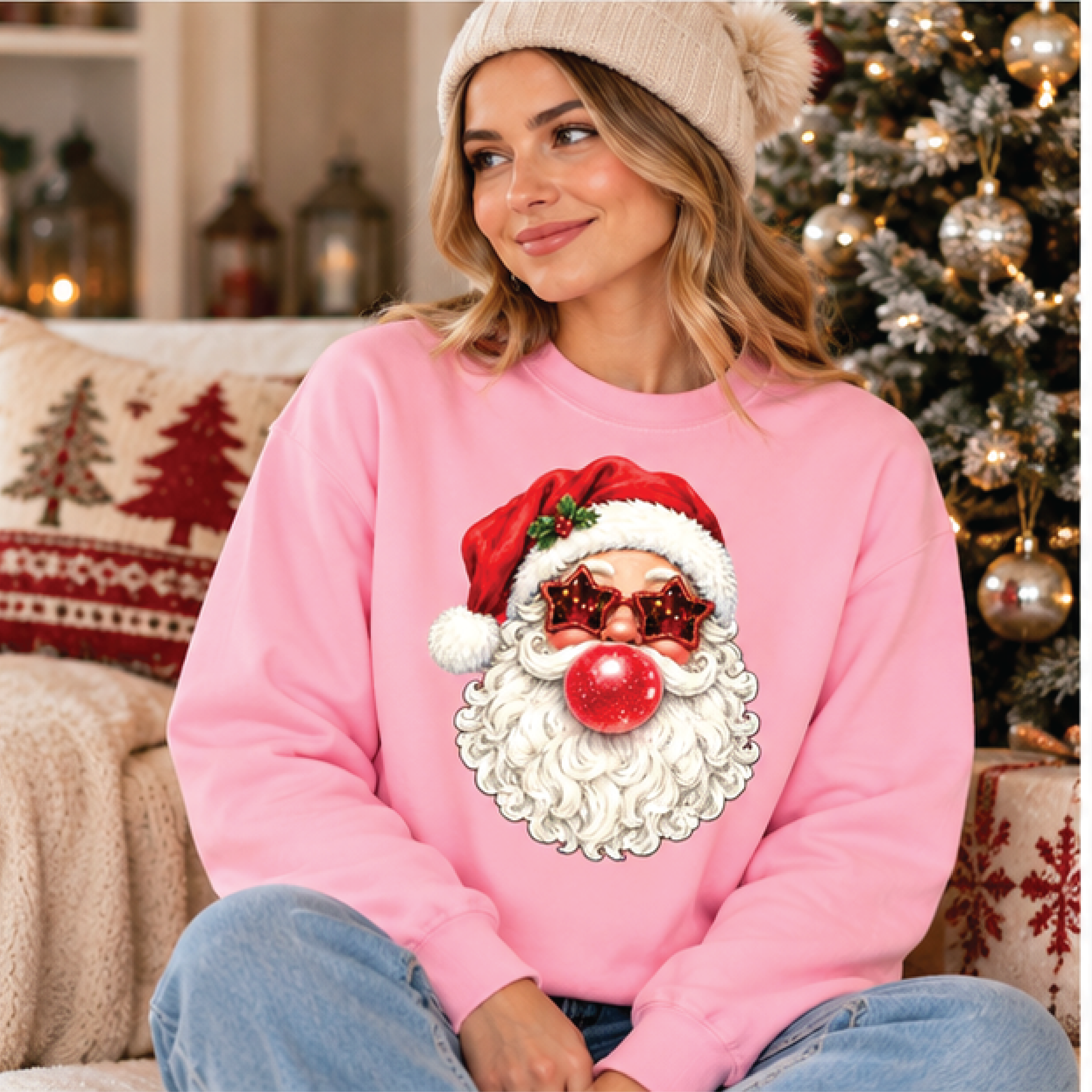 funny santa christmas sweatshirt, santa bubble gum sweater, star sunglasses santa crewneck, cute trendy holiday gift