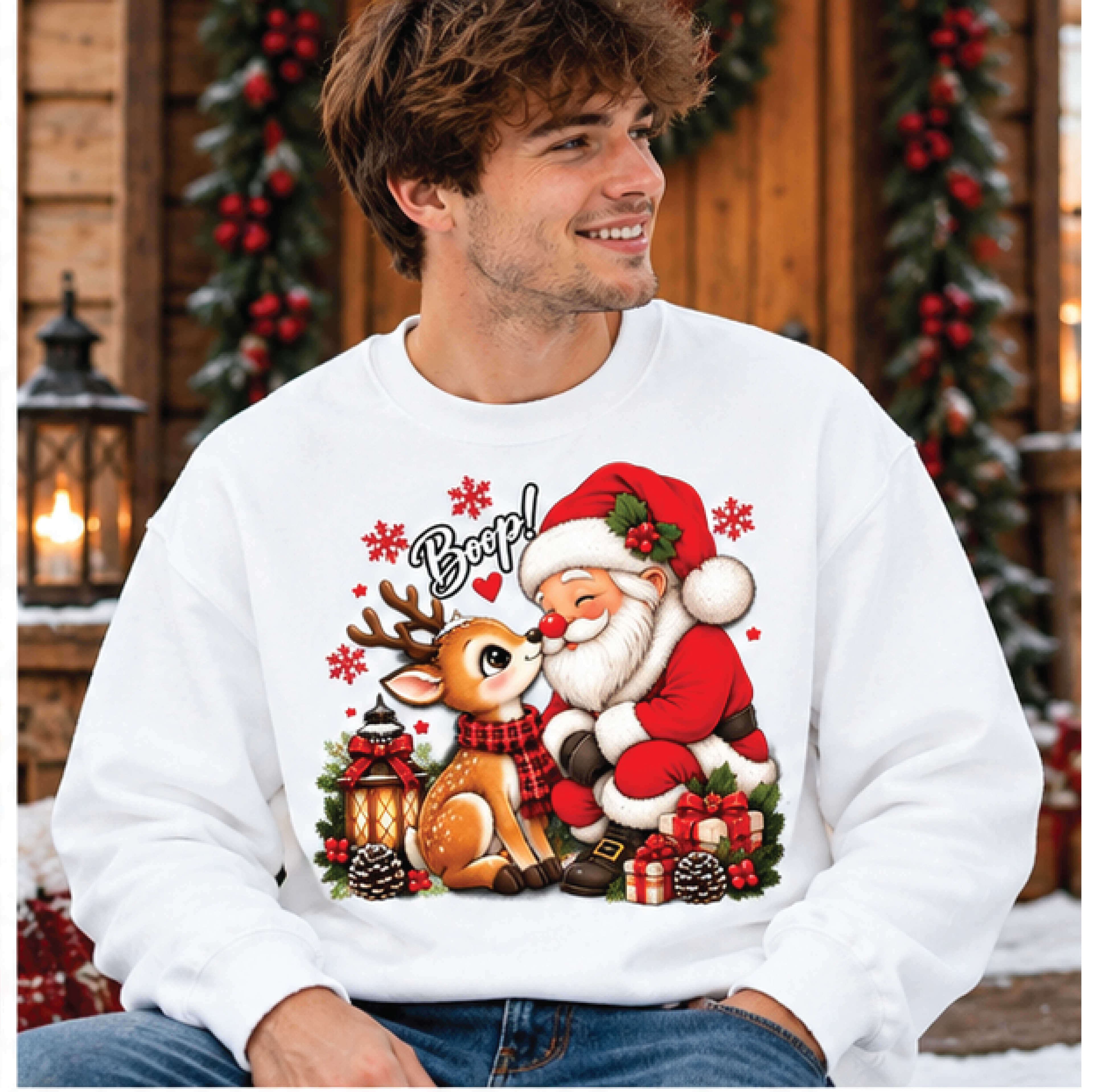 cute santa and reindeer christmas sweatshirt, boop rudolph sweater, vintage christmas crewneck, cozy holiday gift