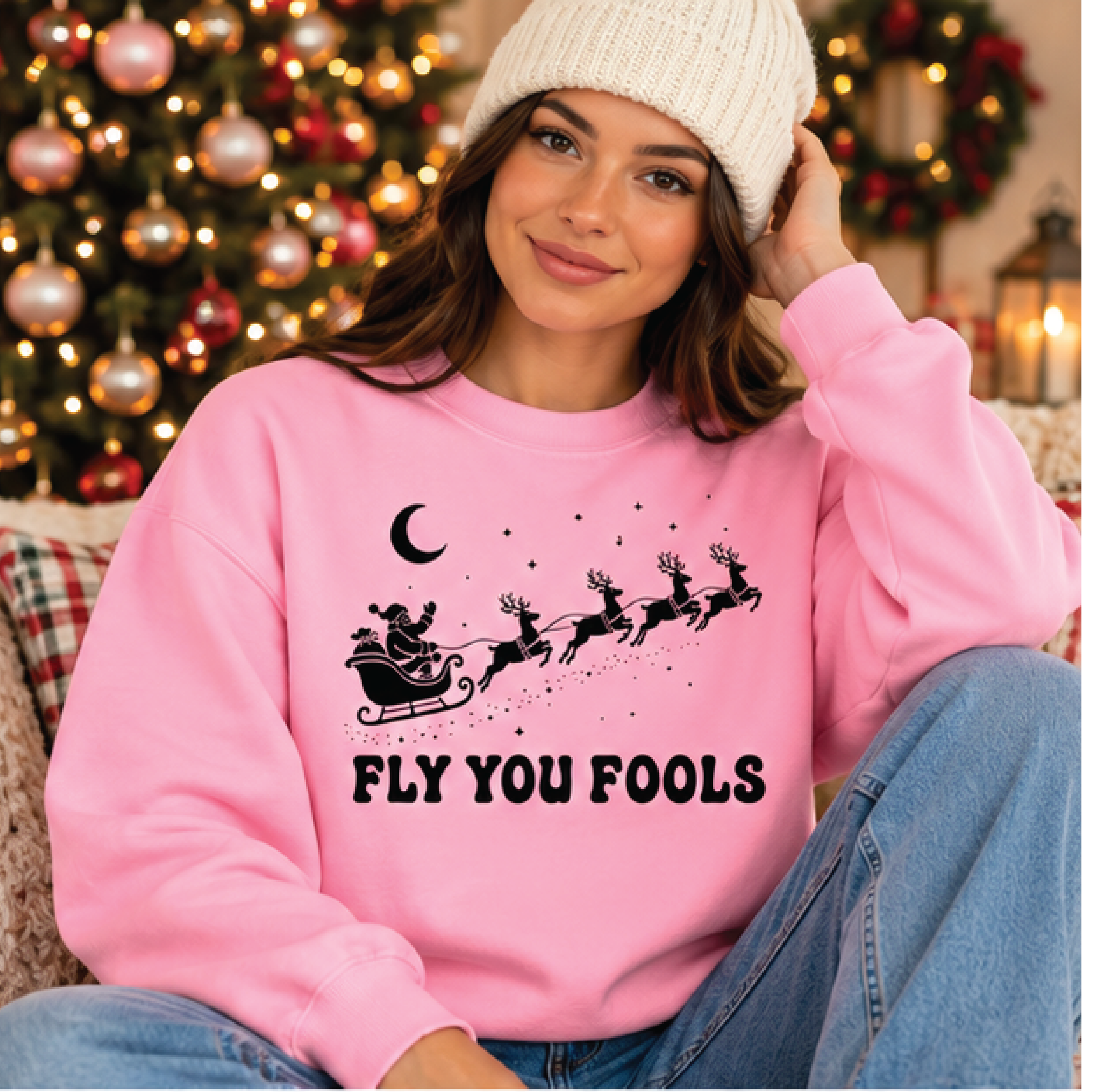 fly you fools christmas sweatshirt, funny santa sleigh crewneck, pink reindeer christmas sweater, sarcastic holiday gift