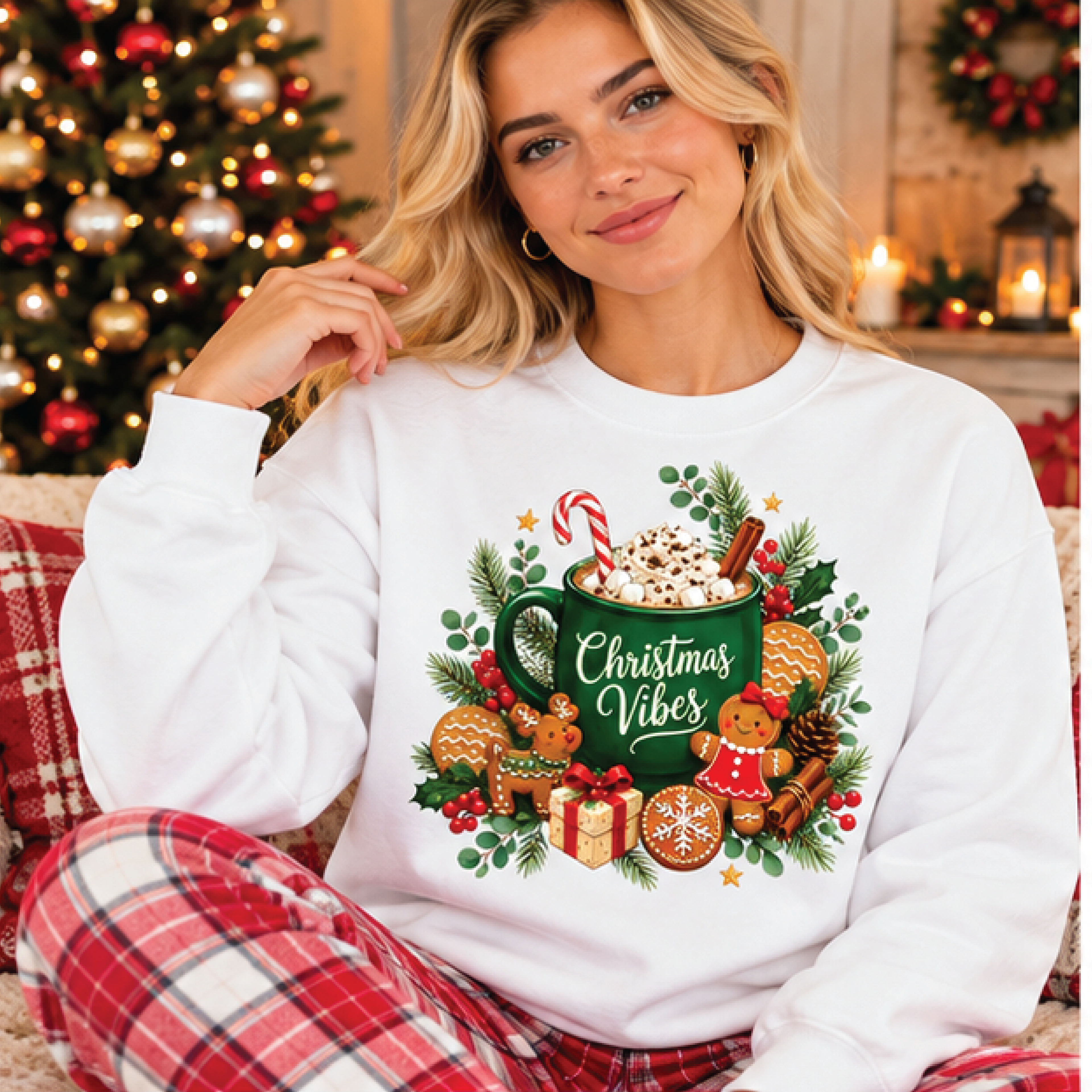 christmas vibes sweatshirt, cute pink christmas crewneck, gingerbread hot cocoa sweater, cozy holiday gift for women
